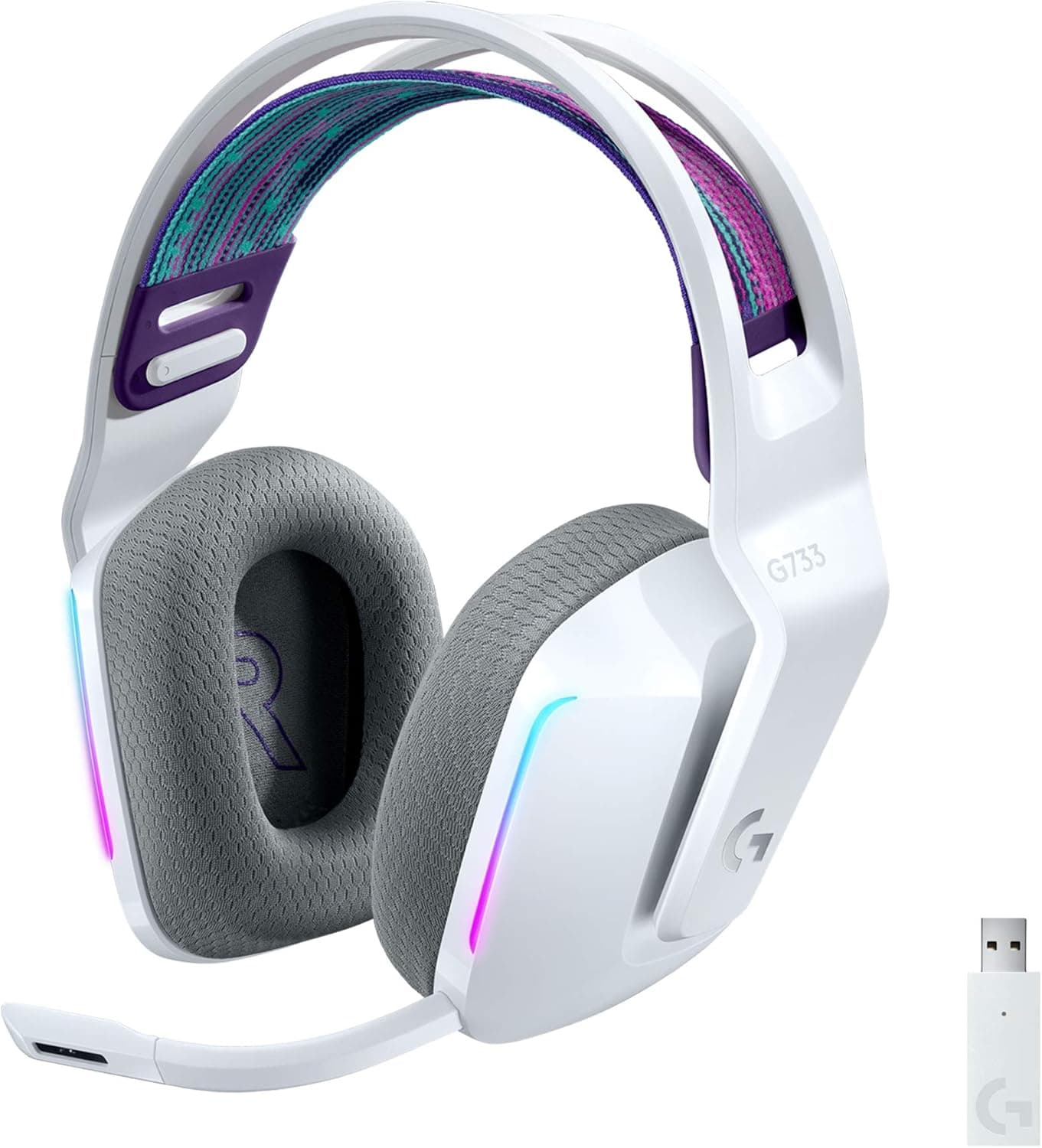 Logitech G 733 LIGHTSPEED Sem fios para jogos com diadema com suspensão, LIGHTSYNC RGB, tecnologia de microfone Blue VO!CE, leves, bateria 29h, PC, PS4, PS5, branco