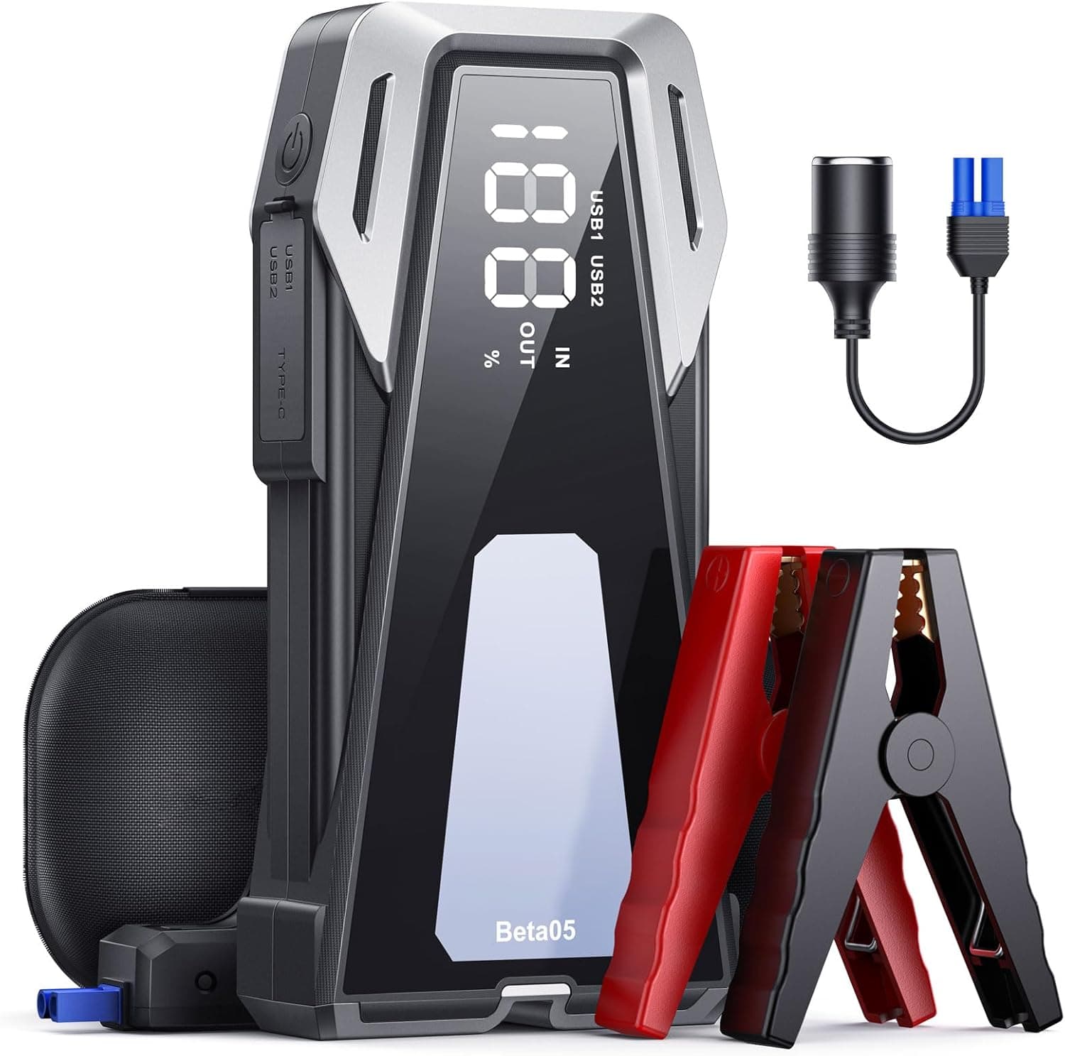 Arrancador de carros 4000A, 12 V Arrancador de baterias para carro (AII Gas ou até 10 L Diesel), 23800 mAh iniciador carro portátil com ecrã LCD, lanterna LED, função de início forçado