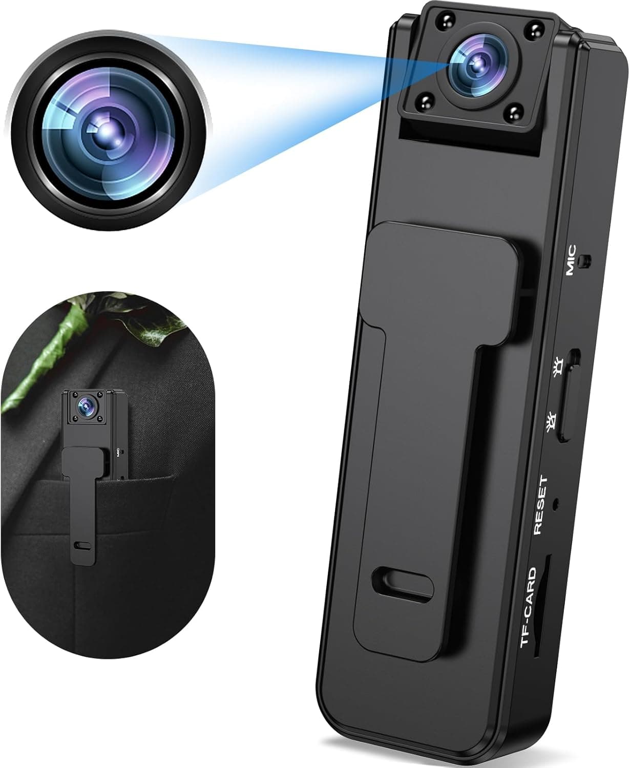 Onherm Câmara de espião camuflado com clipe traseiro, funciona sem internet, câmara oculta HD 1080P com monitorização de movimento e visão noturna, gravação de vídeo e áudio, lente ajuste de 180°