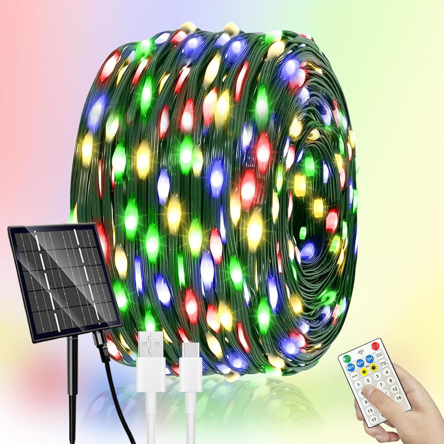 Kelenpro Guirlanda de luzes solares exteriores, 50 m 500 LED luzes de Natal solares exteriores LED exterior jardim, corrente de luzes solares 19 modos IP65 luzes exteriores decoração para jardim Natal