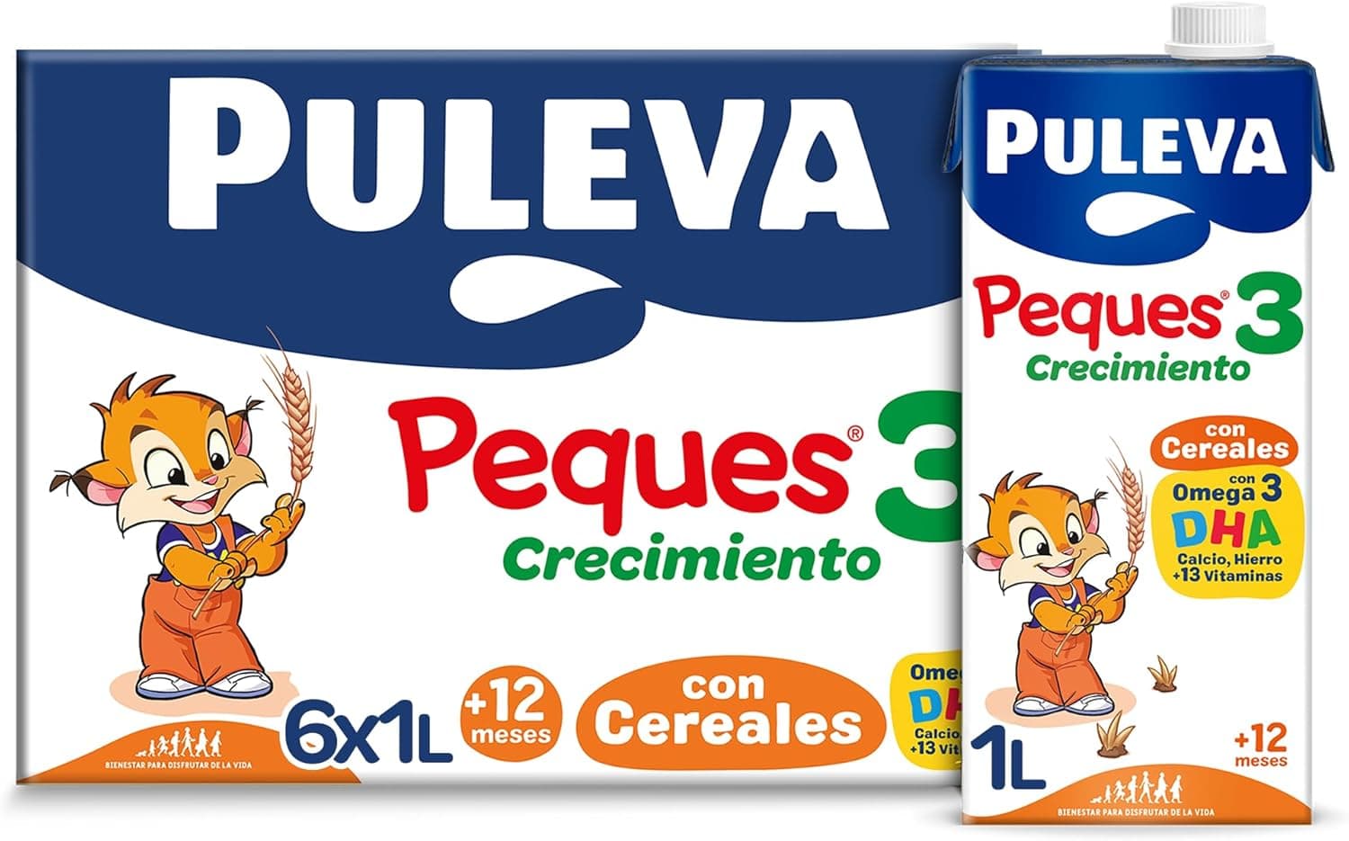 Puleva Peques 3 crescimento com cereais de 12 a 36 meses, 1L x 6