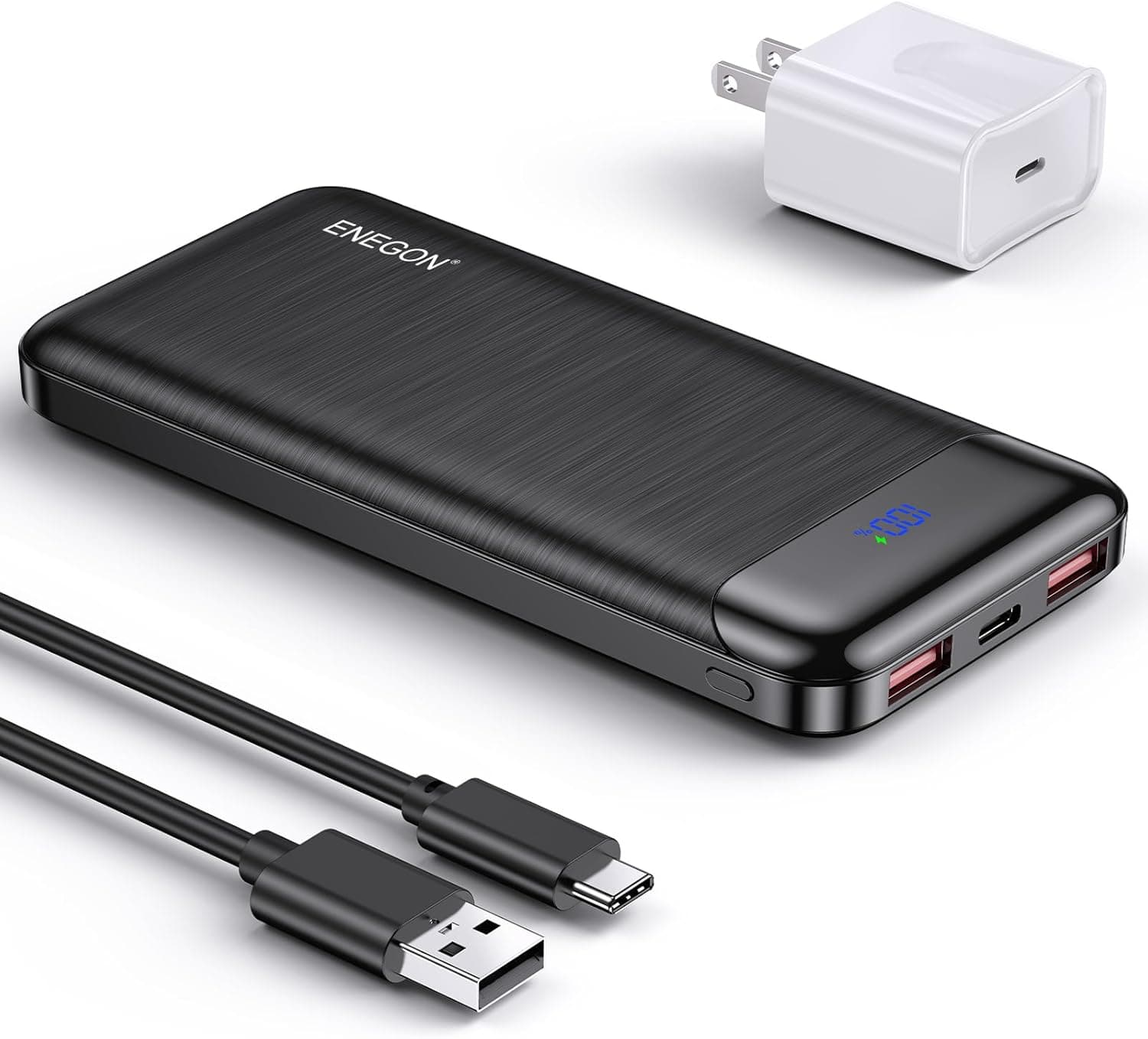 ENEGON Powerbank de 10000 mAh PD 20 W, com cabo USB-C e duas portas USB in&out