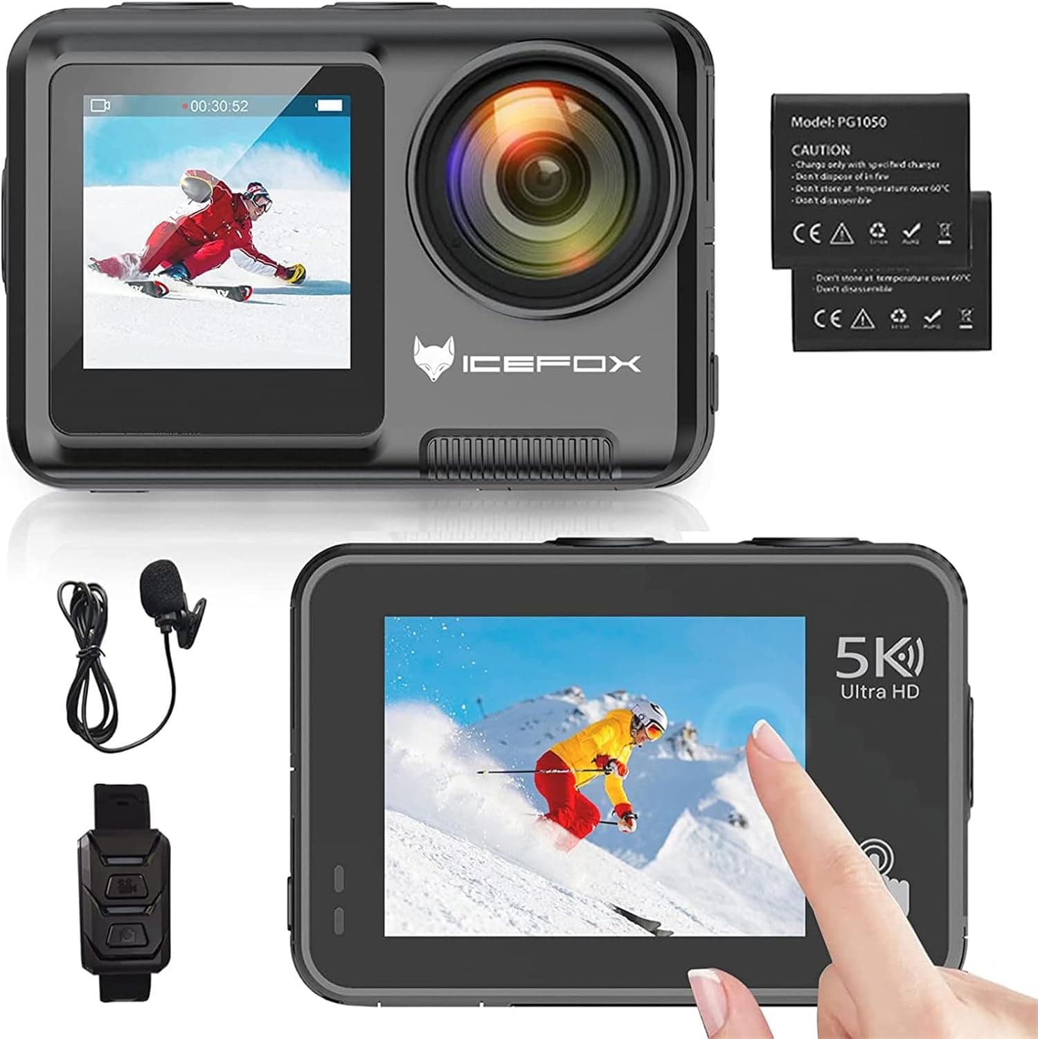 icefox Câmara desportiva 5K WiFi 30FPS 20 MP, câmara desportiva EIS ecrã tátil, 4 x zoom de 170 ° grande angular, câmara submergível de 30 m, ação cam com controlo remoto, microfone externo, kit de