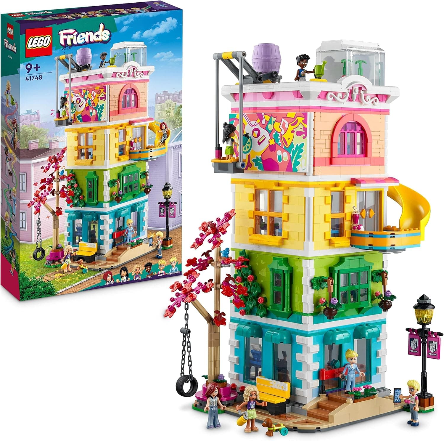 LEGO 41748 Friends Centro Comunitário de Heartlake City, brinquedo modular com estudos de arte e gravação, área de jogos e cãozinho Pickle, presente de aniversário para meninos e meninas