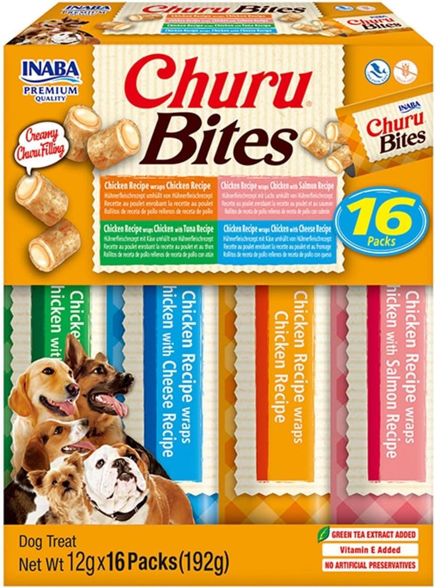 INABA Churu Bites Snack para cães, bocados de frango em 4 variedades de sabores, 16 barras x 12 g, comida para cães macia e deliciosa