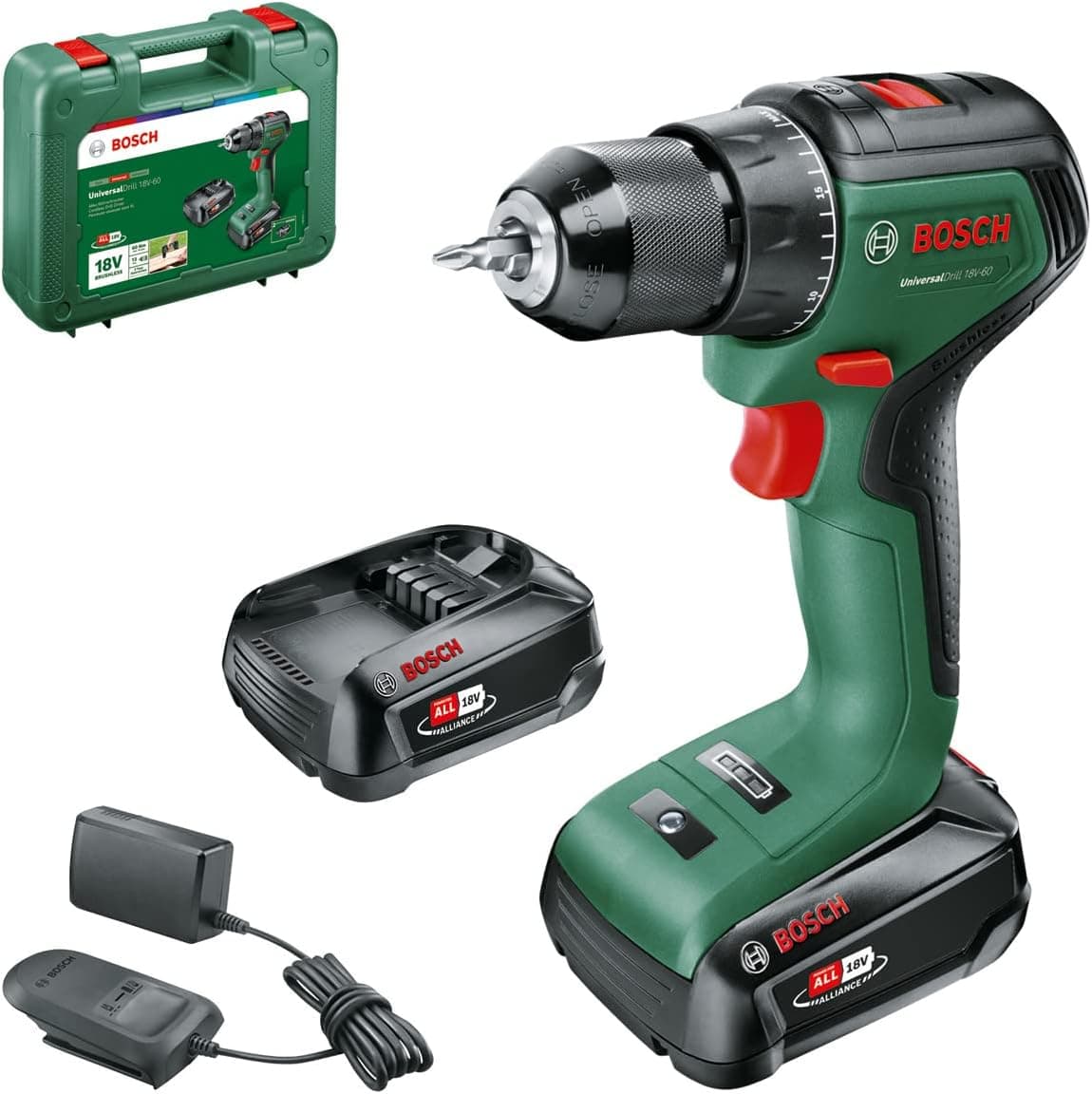 Bosch Home and Garden aparafusadora a bateria UniversalDrill 18 V - 60 (2 baterias de 2,0 Ah, sistema de 18 V, em mala de transporte)