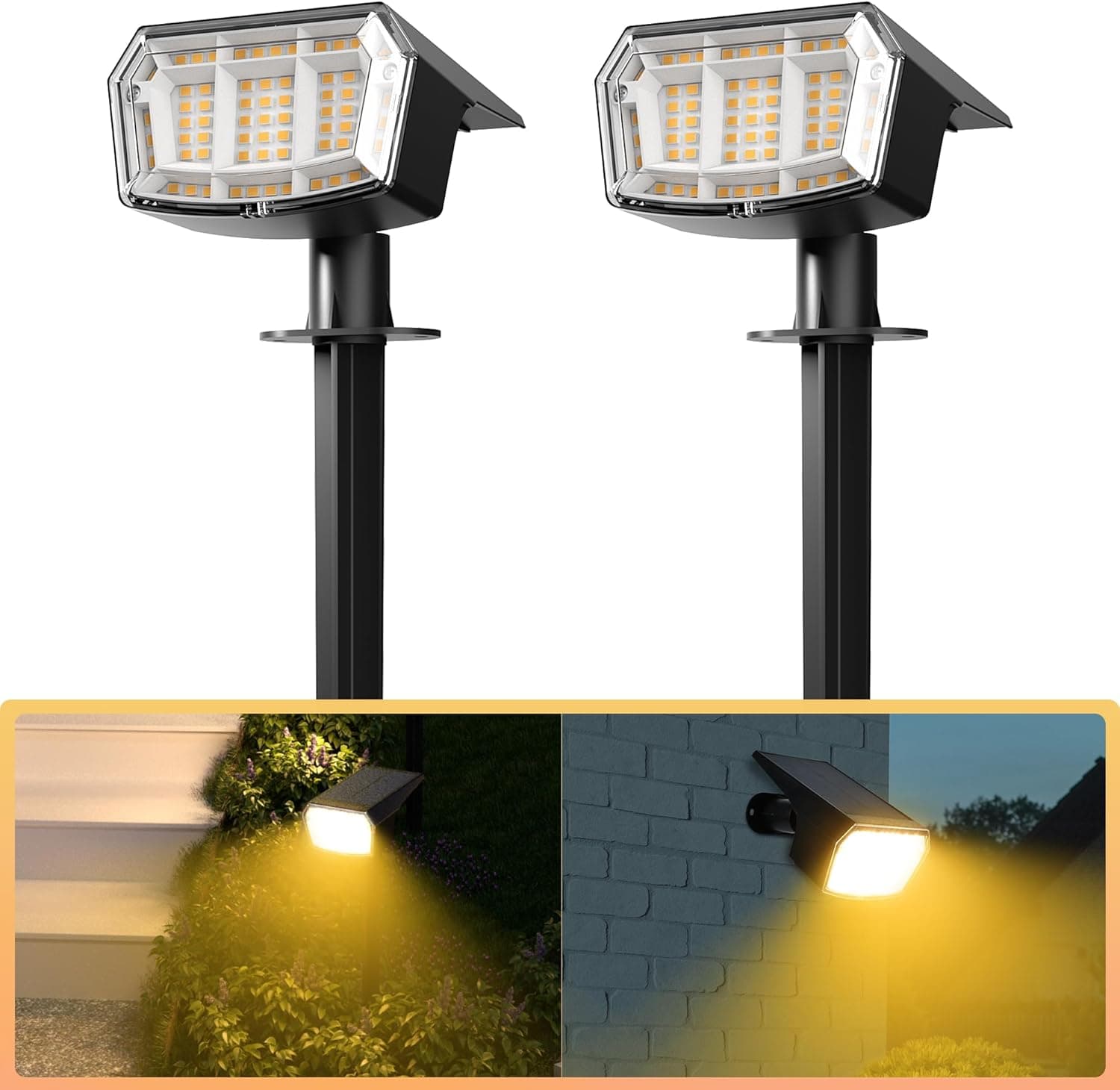 Solpex Focos solares impermeáveis para exteriores, embalagem de 2 unidades IP65, 63 LED, 3 modos de iluminação, focos para pátio, jardim, casa, garagem, estrada (branco quente)