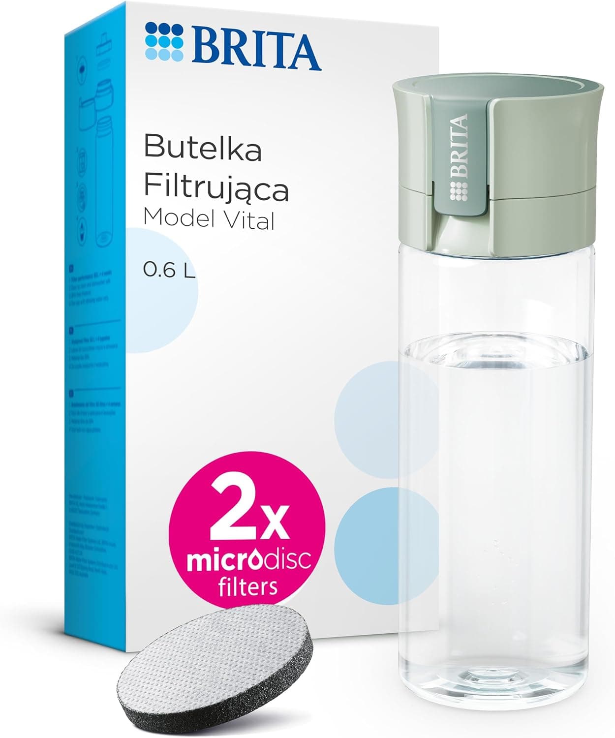BRITA Garrafa de filtro de água modelo VITAL verde claro (600 ml) com 2 filtros MicroDisc, para hidratar em qualquer lugar, elimina cloro, impurezas, hormonas e preserva minerais