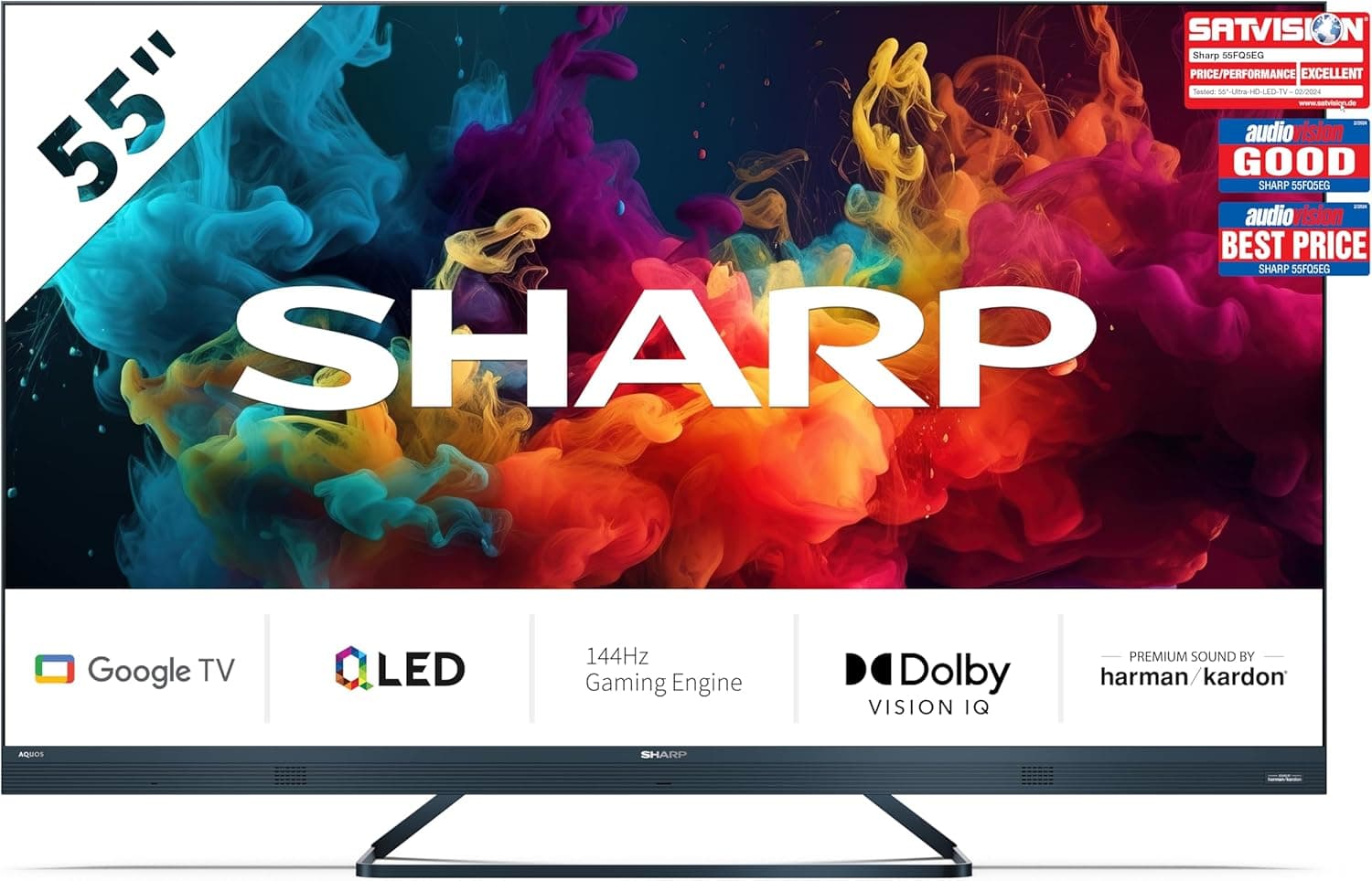 Sharp QLED 144Hz 55FQ5EG Google TV de 55" (4K Ultra HD, 4X HDMI 2.1, 2X USB, Bluetooth), Dolby Vision IQ, Google Assistant, Chromecast, altifalantes premium Harman 2 x 15 W, alumínio cinzento
