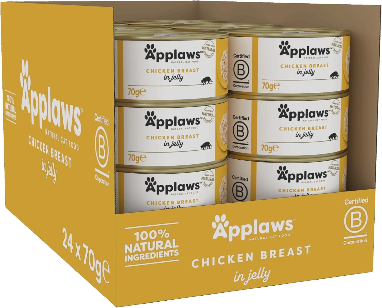 Applaws Comida húmida natural de peito de frango em gelatina para gatos adultos - pacote contém 24 latas de 70 g
