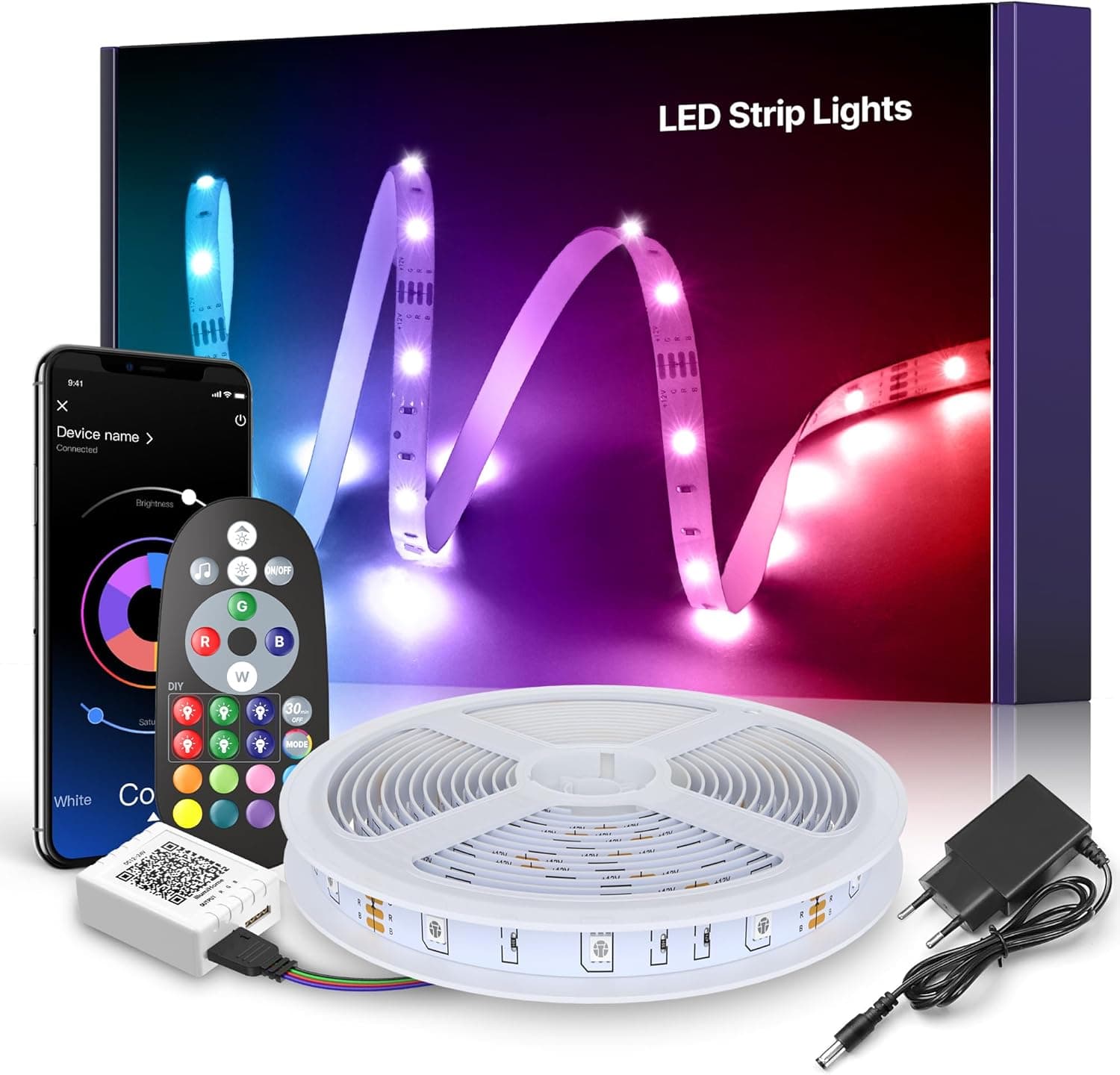 Mexllex Faixa LED de 10 m, sincronização de música, mudança de cor, faixa LED com controlo de aplicação, corrente de luzes LED para quarto, iluminação de quartos, decoração de casa