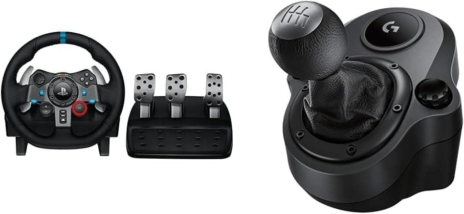 Logitech G G29 Volante e pedais de corrida, Force Feedback, para PS5, PS4, PC e MAC e alavanca de mudanças para volante, 6 velocidades, marcha traseira de pressão, aço e couro genuíno
