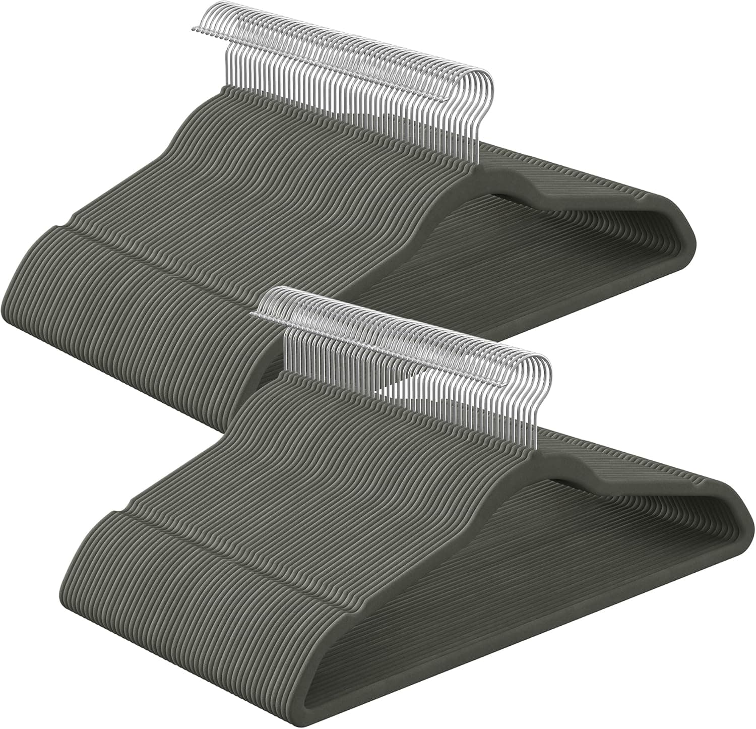 SONGMICS Cabide de veludo, conjunto de 100, antiderrapantes, com barra gravata e gancho preto, 0,6 cm de espessura, economiza espaço, 41,5 cm de comprimento, casaco de calças, cinzento e prata