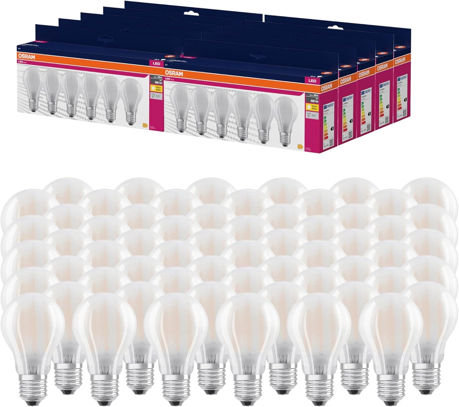 OSRAM LED Star VALUE A60, embalagem de 60 lâmpadas, substitui lâmpadas incandescentes tradicionais de 60 W, branco quente (2700 K), 6,5 W, casquilho E27, filamento de vidro, não regulável