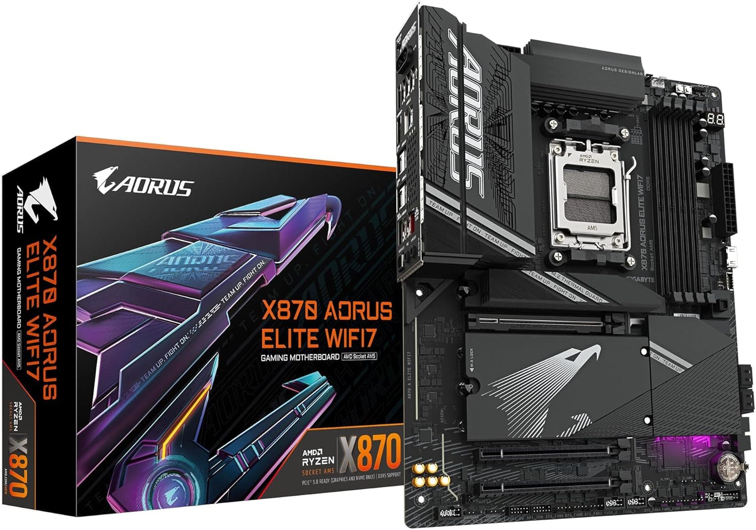 GIGABYTE Placa base X870 AORUS Elite WIFI7 - compatível com CPUs AMD Ryzen 9000, VRM de 16 + 2 Fases, até 8000 MHz DDR5 (OC), 3 x PCIe 5.0, Wi-Fi 7, LAN 2,5 GbE. , USB 4