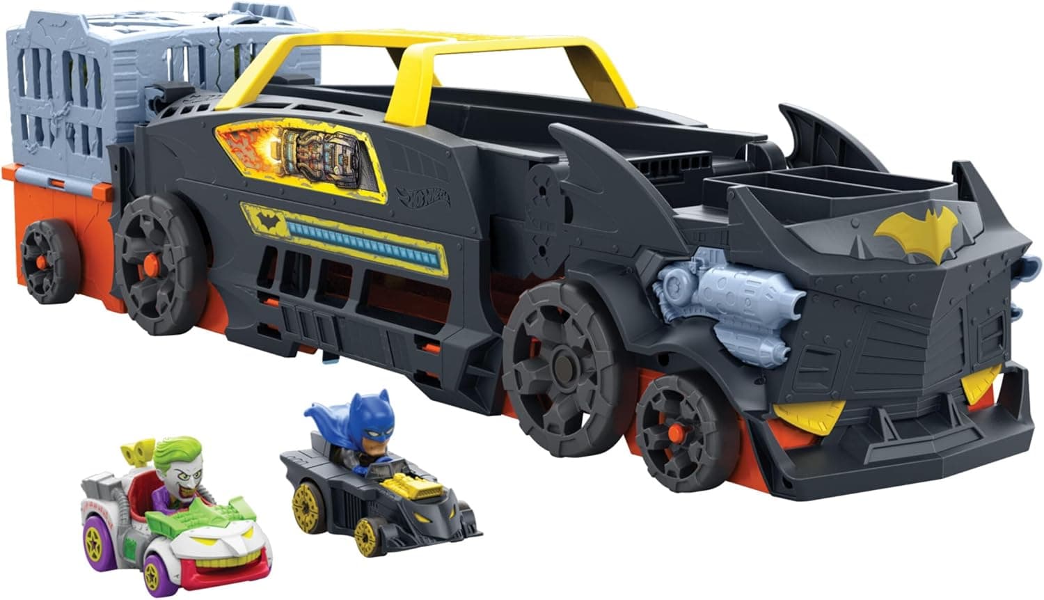 Hot Wheels RacerVerse HXN21 | Camião transportador com pista, 3 lançadores e 2 veículos Batman e Joker para crianças a partir dos 3 anos