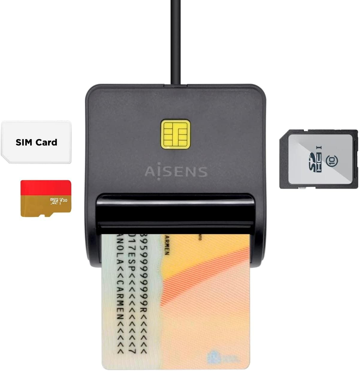 AISENS Leitor de cartão inteligente DNI com leitor de cartões SIM, SD, micro SD, MMC, RS-MMC, MMC Micro, preto