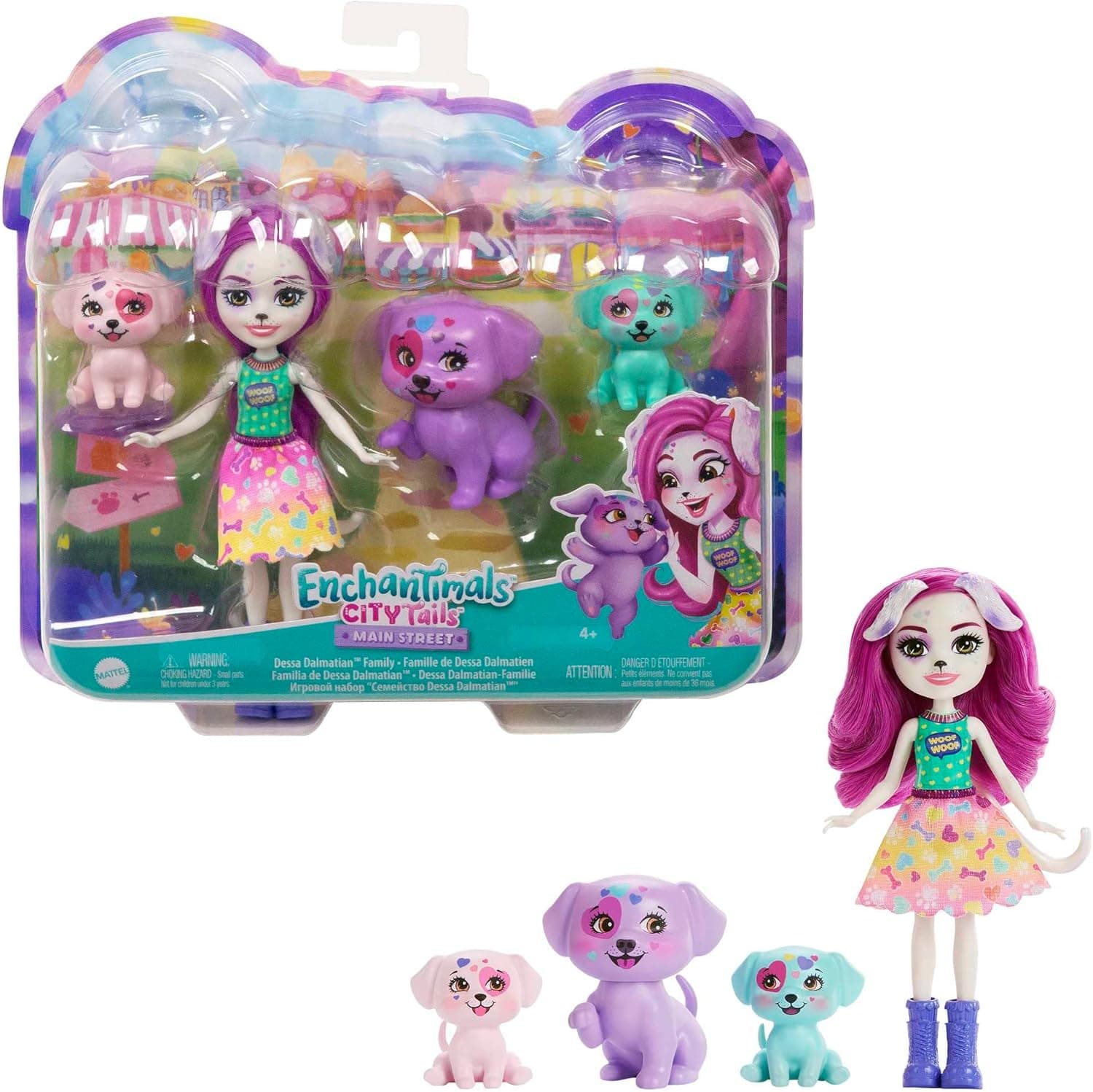 Enchantimals City Tails Main Street família de dálmatas bonecas Dessa Dalmatian e suas irmãs, com animais de estimação cão e acessórios, brinquedo + 4 anos (Mattel HKN14)
