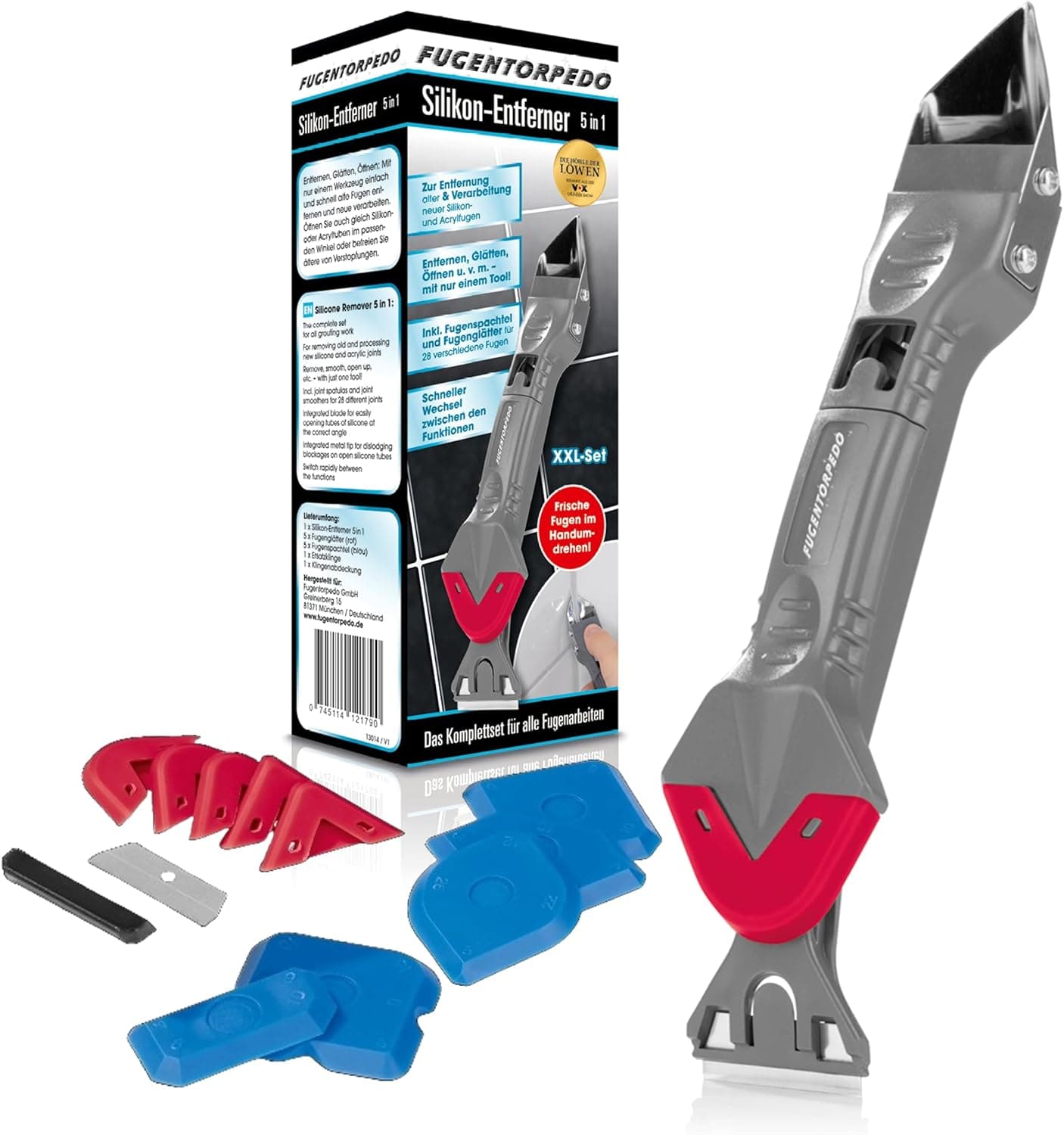 FUGENTORPEDO® Eliminador de silicone 5 em 1 para remover juntas antigas e novas de silicone e acrílico, remover e alisar com uma única ferramenta para 28 juntas diferentes