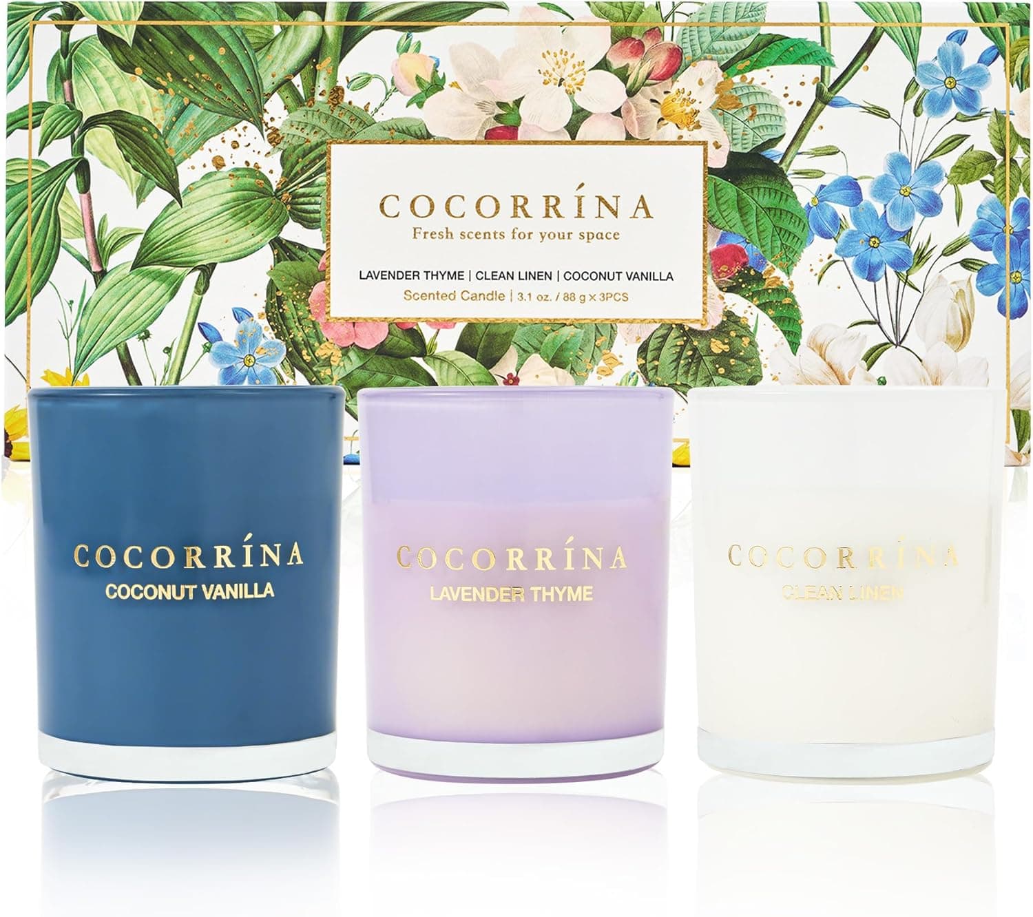 Cocorrína Velas perfumadas conjunto de presente para mulher, 3 peças velas aromáticas de cera de soja para o dia da mãe, Natal, aniversário (lavanda tomilho/linho / baunilha coco) 