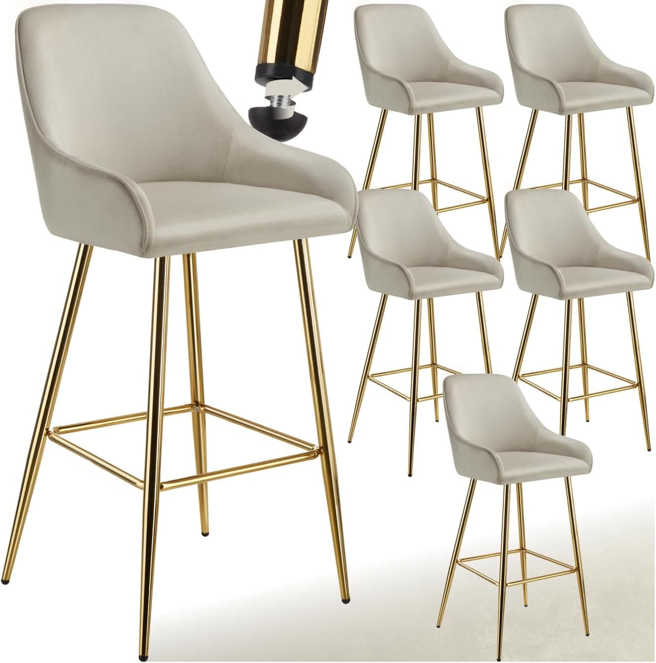 tectake® Banqueta alta com encosto, acolchoado, veludo macio, pernas em aço galvanizado, apoio para os pés, pés antiderrapantes, altura ajustável, montagem simples, cadeira ou bar, 6 cadeiras creme