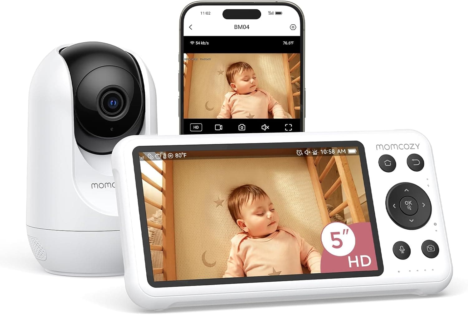 Momcozy Vigilante para bebés Wi-Fi de 5" com câmara HD, áudio bidirecional, zoom 4X, deteção de movimento e prato, área segura, visão noturna clara, gravação de fotografia e vídeo