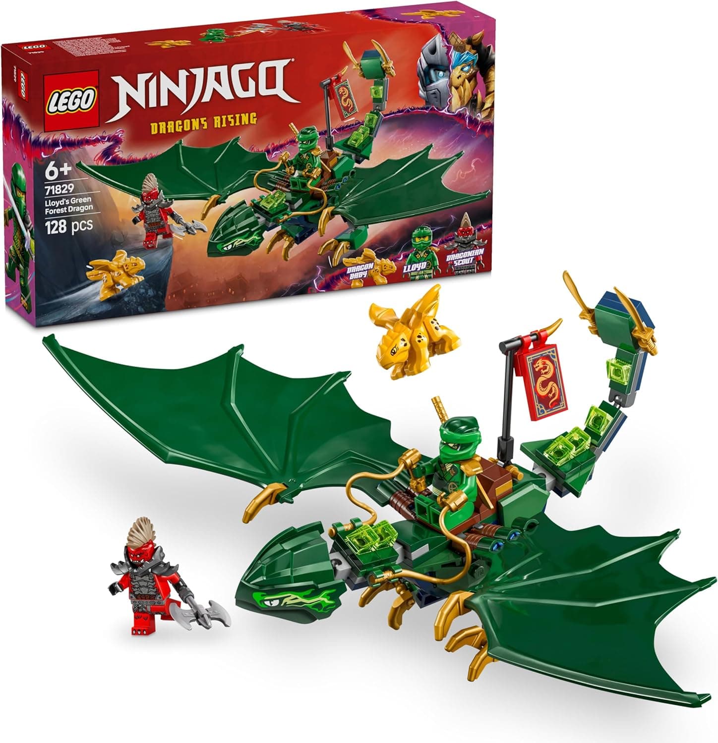 LEGO Ninjago Dragão verde da floresta de Lloyd de brinquedo para construir, conjunto ninja com 2 minifiguras com catanana e armas, presente para meninos e meninas de 6 anos ou mais 71829