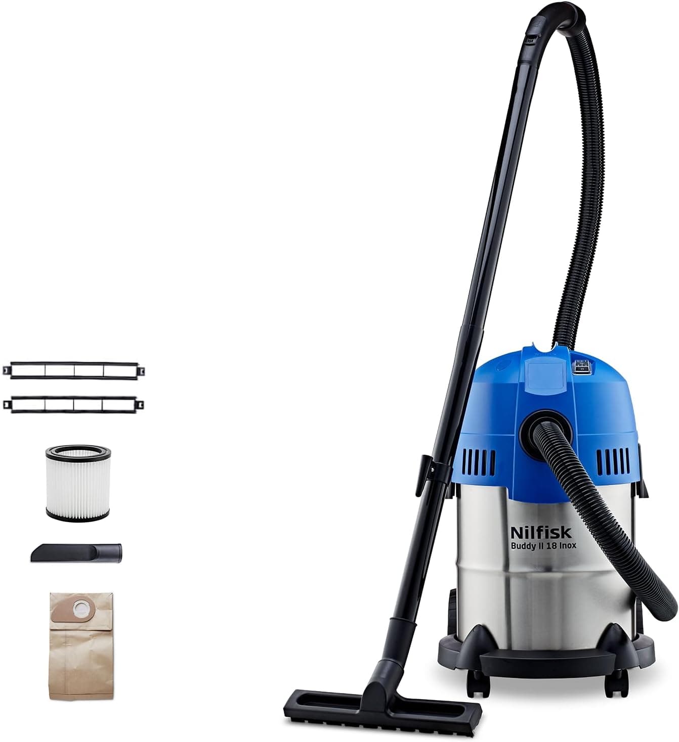 Nilfisk Buddy II 18L Inox Aspirador de água e pó, aspirador de bricolage para sólidos e líquidos para exterior e interior (1200 W)
