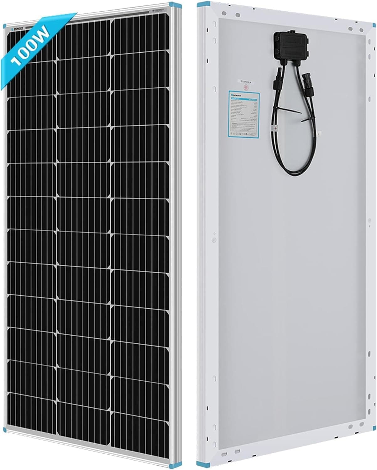 Renogy Placa solar 12 V 100 W, painel solar monocristalino, painel solar de alta eficiência de 100 W, ideal para Van, autocaravana, casa, campismo, sistema fotovoltaico fora da rede