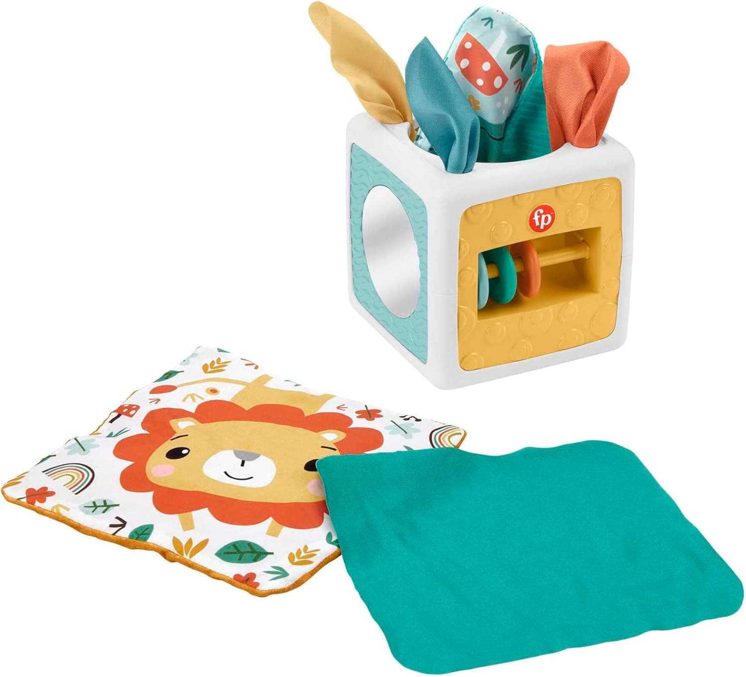 Fisher-Price Lenços divertidos cubo de atividades sensorial com texturas, brinquedo para bebés + 3 meses (Mattel HML64)