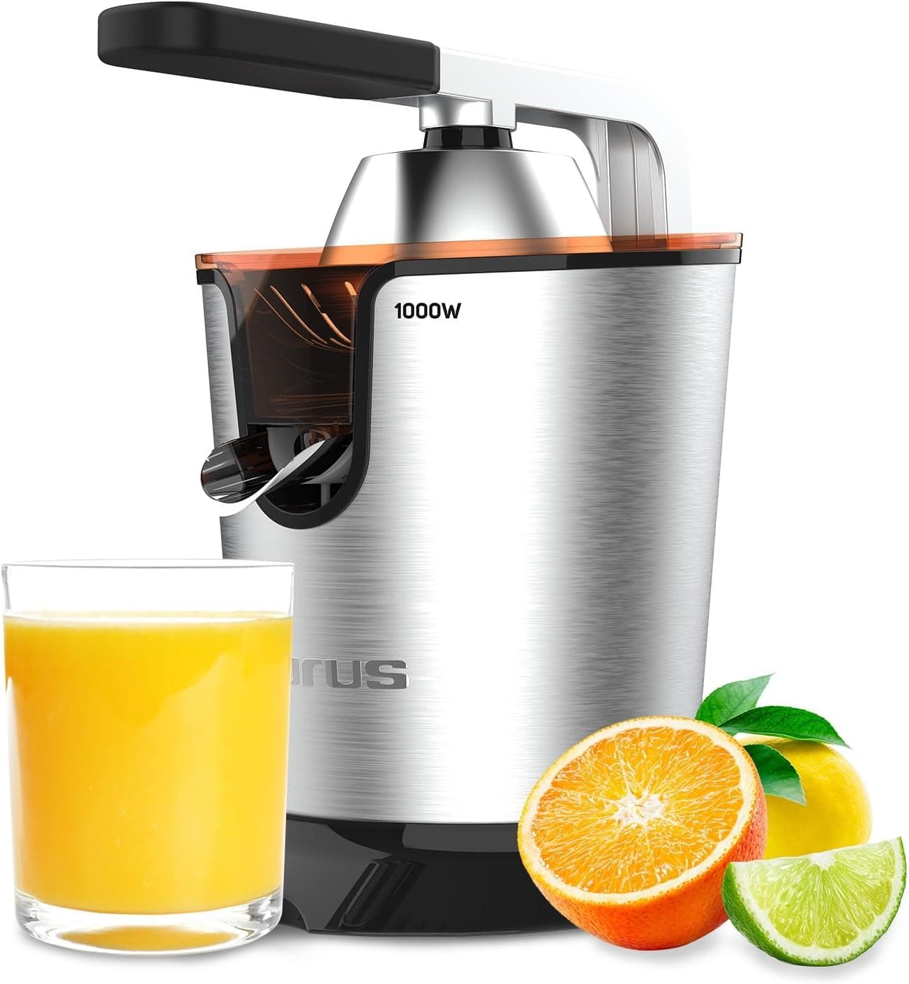 Taurus - Espremedor laranja Easy Press Legend 1000 W INOX, filtro de 2 côs, regulador de polpa elétrico, derramado contínuo com alavanca, anti-gotejamento, removível, fácil de limpar, sem BPA
