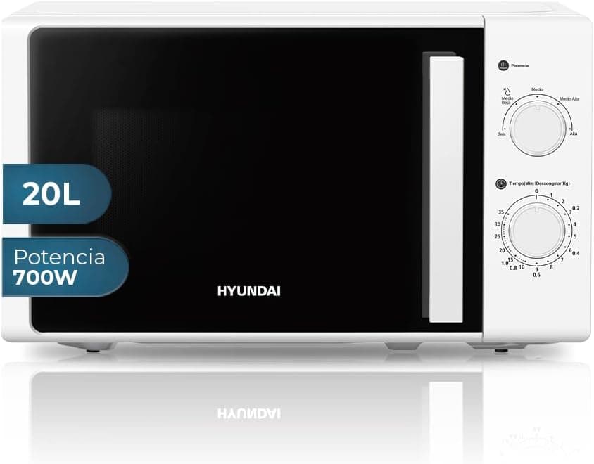 Hyundai Microondas 20 Litros Básico Blanco HMW2701. 700W, 5 Programas, Modo Descongelación, Revestimiento Interior, Fácil Limpieza, Temporizador 35min.
