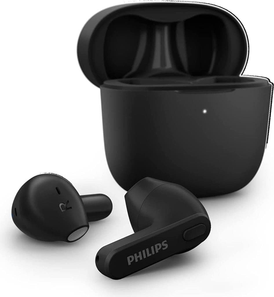 Philips TAT2236BK/00 Auriculares sem fios, estojo de carregamento super fino, resistente a salpicos e suor, Bluetooth, 18 horas de reprodução, microfone integrado, preto