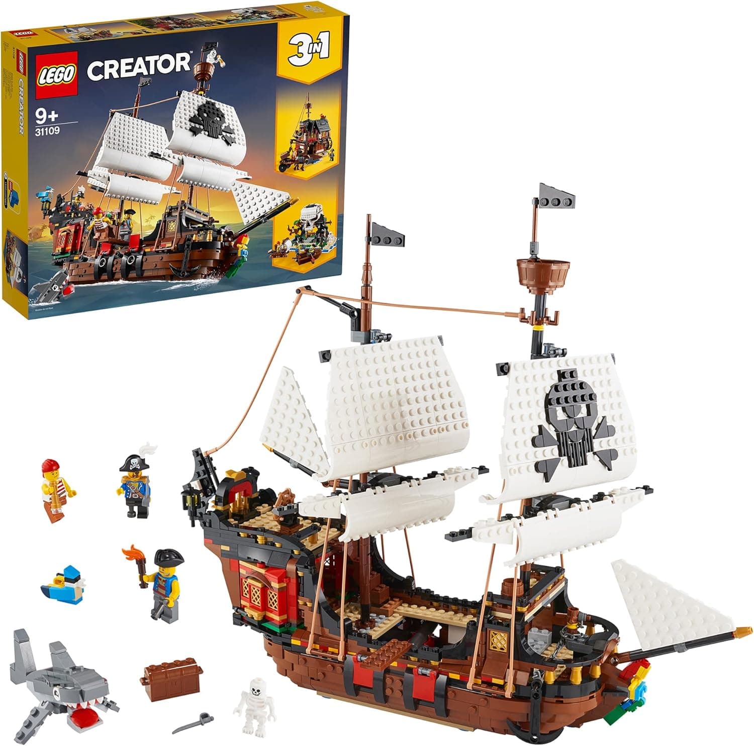 LEGO Creator 3 em 1 barco pirata, ilha caveira ou aberna, jogo criativo de construção com tubarão de brinquedo e mini figas, presente para meninos e meninas de 9 anos ou mais 31109