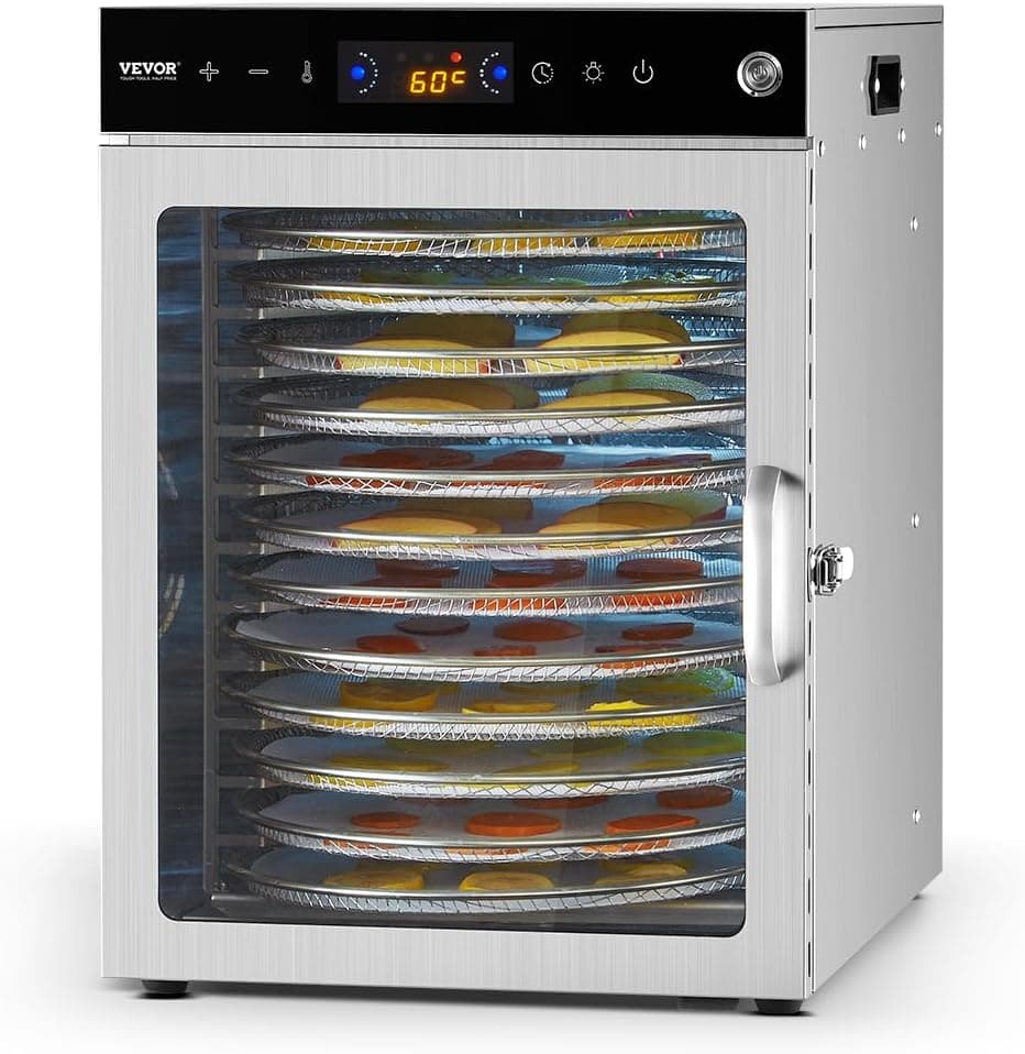 VEVOR Desidratador de alimentos 12 bandejas de aço inoxidável secador de alimentos elétrico de 800 W com temperatura ajustável e temporizador de 24 horas para canteiro, frutas, legumes, ervas