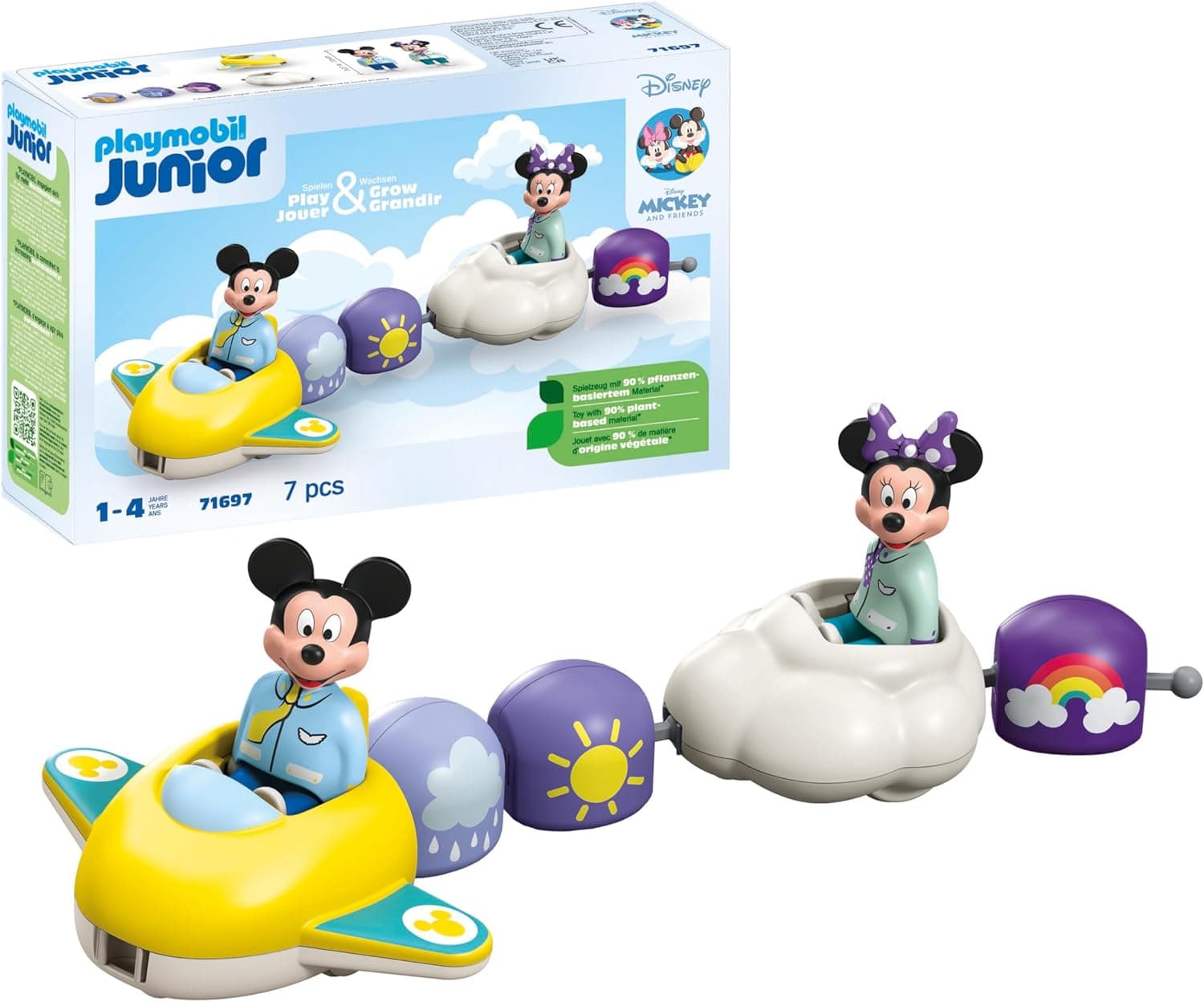 PLAYMOBIL Junior & Disney 71697 Mickey e Minnie Tren Nuvem, com avião e veículo em nuvem, brinquedo sustentável feito de plásticos à base de plantas, brinquedos para meninos e meninas a partir de 1 ano
