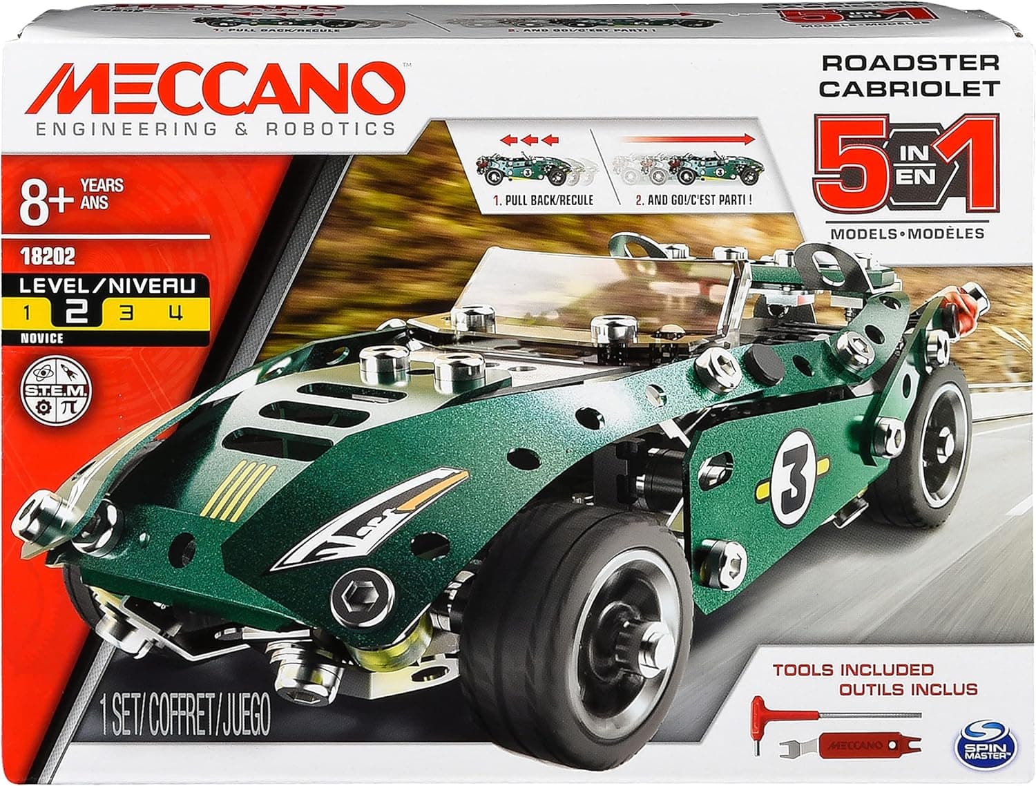 MECCANO - 5 Modelos CABRIOLET RETROFRICÇÃO - Conjunto de construção com 174 peças, 1 motor de fricção retro e 2 ferramentas - kit de construção para crianças - 6040176 