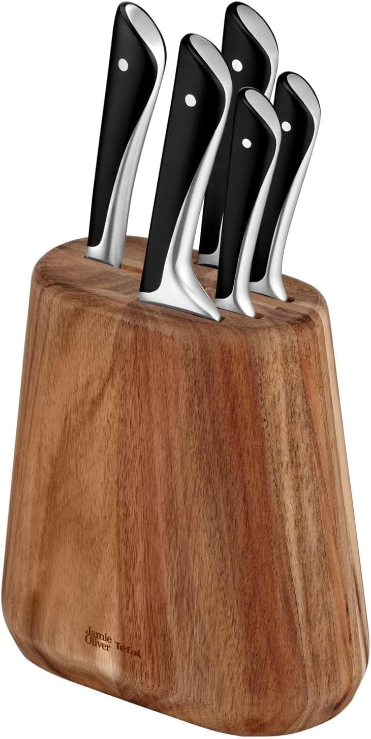 Tefal Jamie Oliver | Bloco de 5 facas de cozinha em aço inoxidável com lâminas endurecidas e cabos robustos