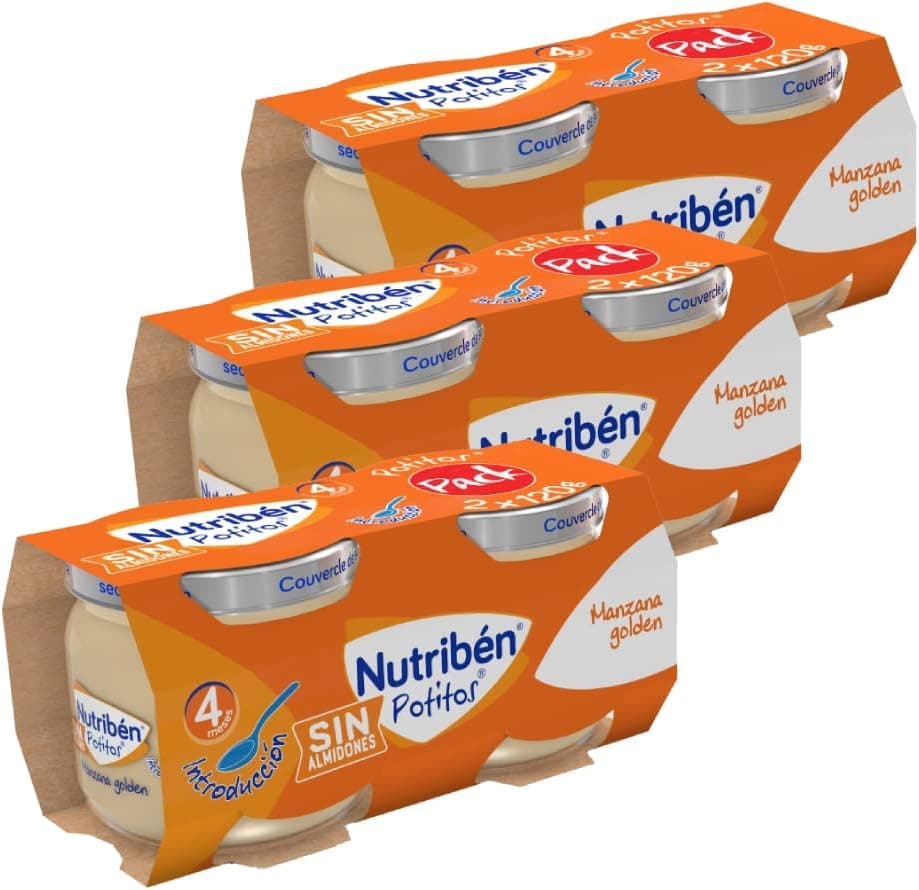 Nutribén Potinhos | Tarrinho de introdução de maçã dourado | para bebés a partir de 4 meses | sem adição de açúcares, sem glúten, sem ovo, sem leite, 3 pacotes de 2 unidades de 120 g por carrinho
