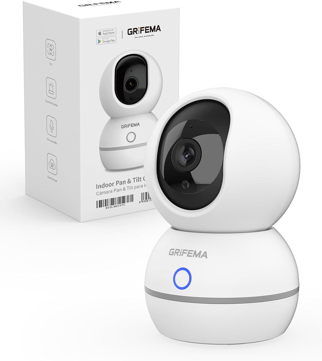 GRIFEMA Câmara de vigilância Wi-Fi interior de 360°, 1080P (3MP) com visão noturna de 10 m, detecção humana/som, redução de ruído 3D, armazenamento SD/nuvem, modo de privacidade para bebé/animais de