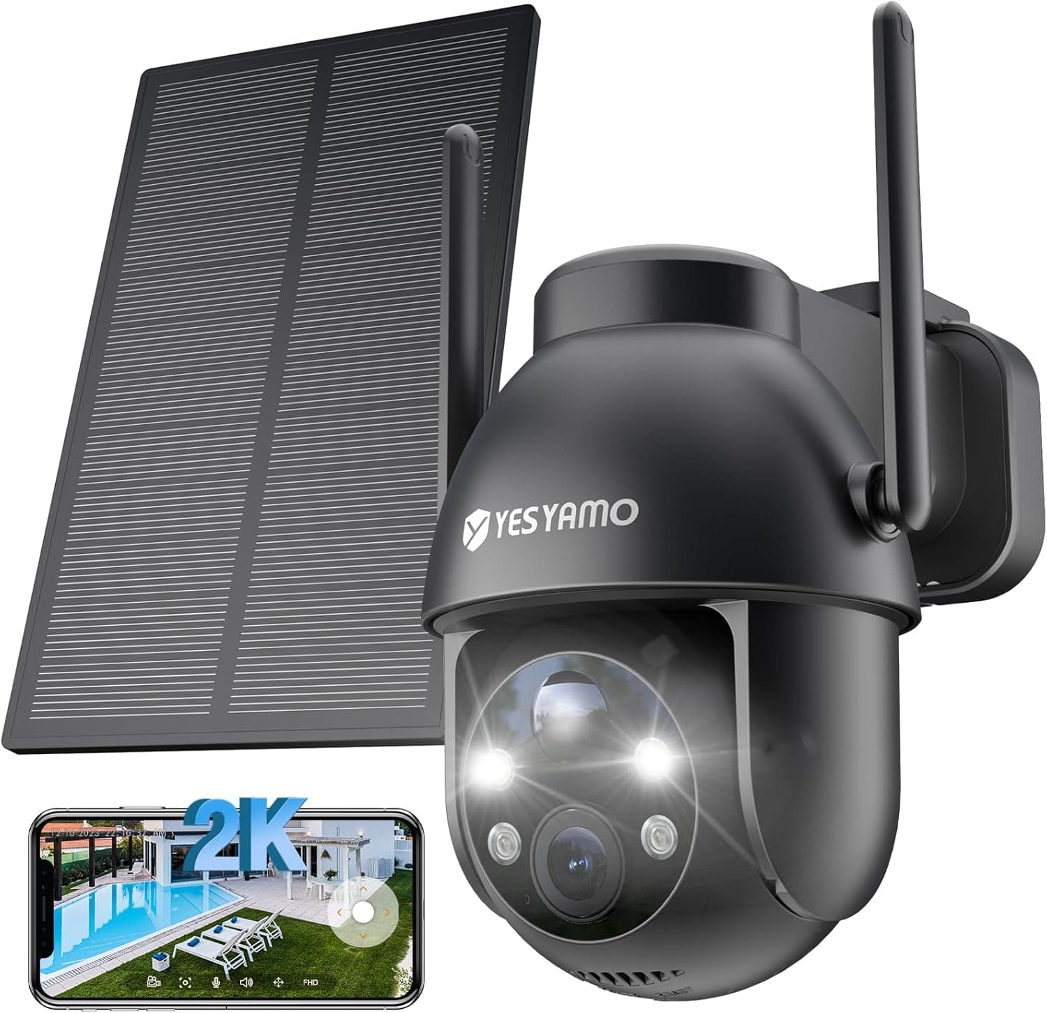 YESYAMO 2K câmara de vigilância WiFi exterior sem fios solar, 2,4 GHz câmara exterior solar com painel solar, 360 graus PTZ, visão noturna cor, áudio bidirecional, sereia PIR (preto)