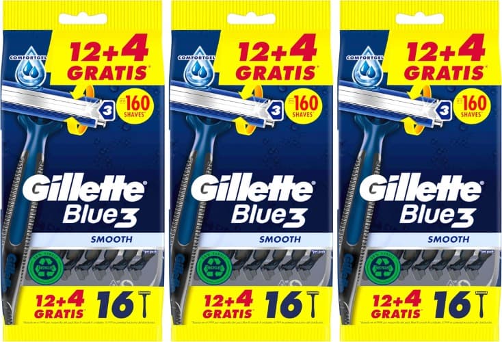 Gillette Blue3 Smooth | Lâminas descartáveis com cabeça pivotante e banda lubrificante para homem, pack de 16 x 3