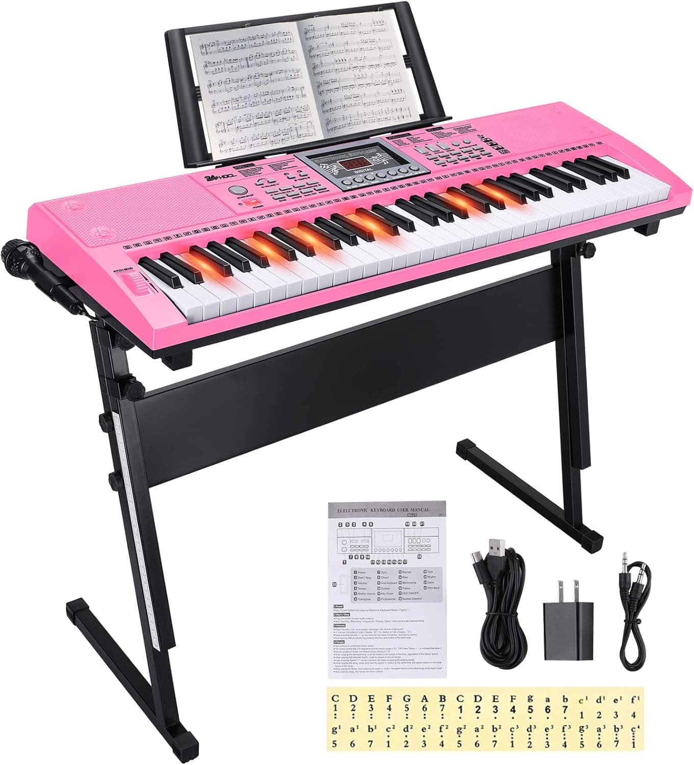 24HOCL BD-670 | Teclado elétrico de 61 teclas com suporte, microfone, auriculares e função de ensino para crianças iniciantes