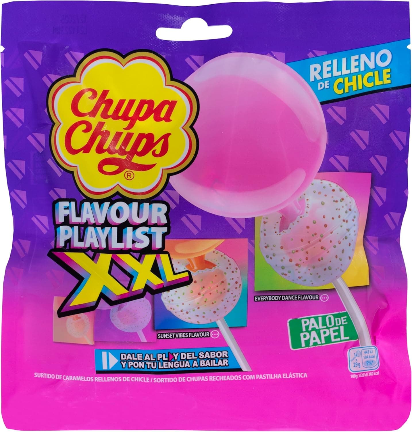 Chupa Chups XXL, doces recheado de chiclete com palitos de sabores variados, bolsa de 5 unidades de 29 g