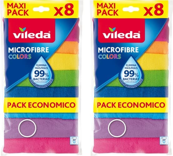 Vileda | Conjunto de 8 panos de microfibra coloridos 30 x 30 cm para limpeza x 2