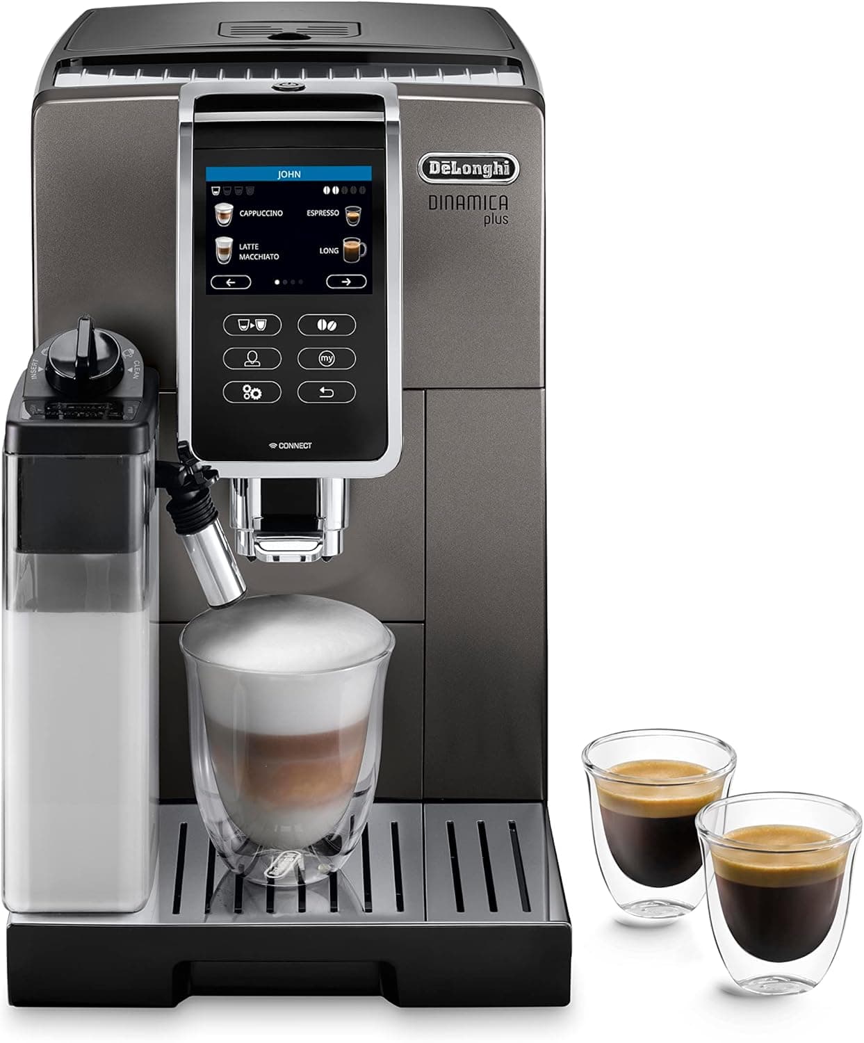 De'Longhi Dinamica Plus, máquina automática de café em grão, cappuccino com LatteCreme System, expresso, ECAM372.95.TB, titânio / preto