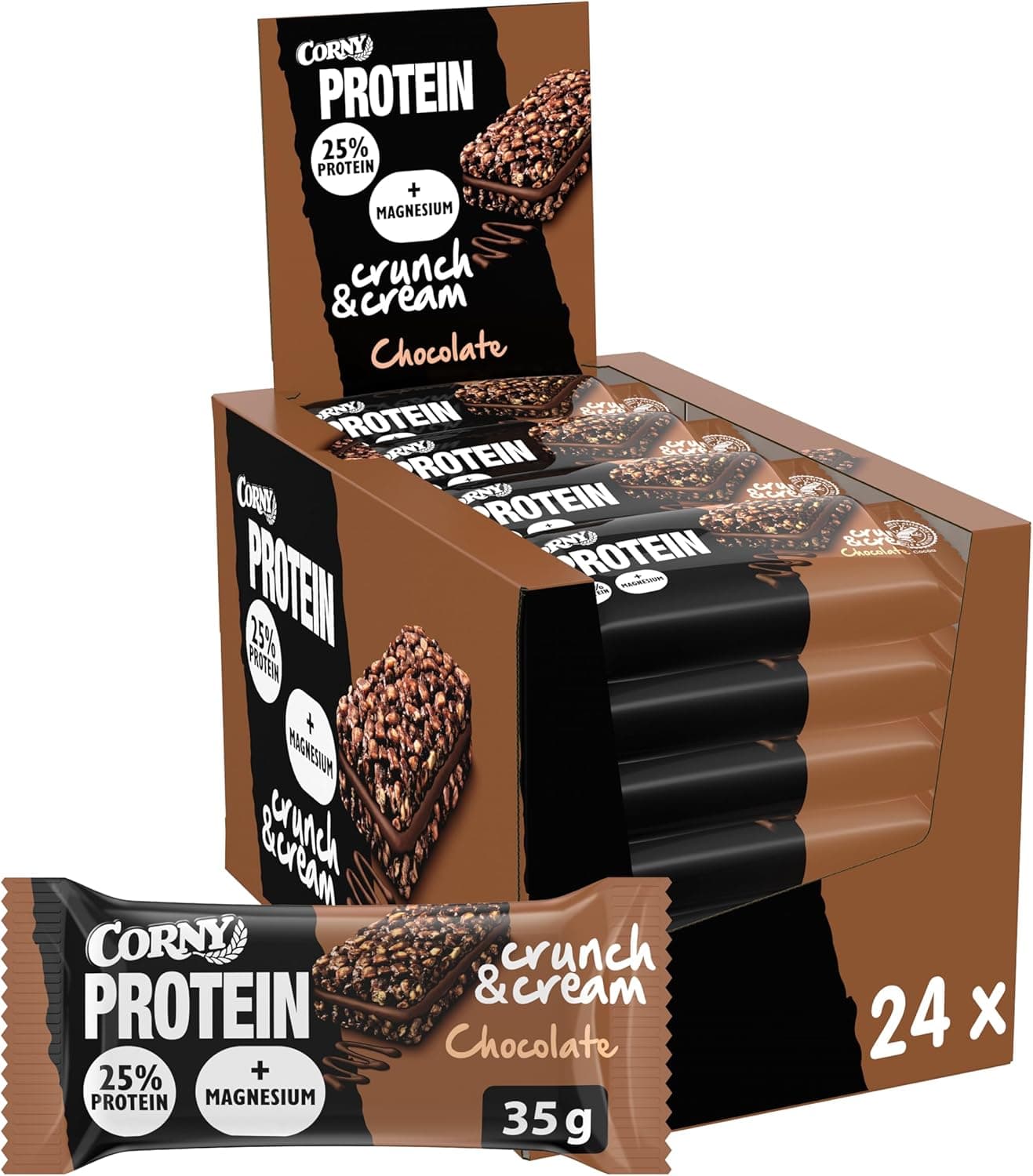 Corny - Protein Barras protetoras Crunch and Cream de cereais chocolate com leite, 30% de proteínas e magnésio, ajudam no desenvolvimento e recuperação muscular, com colagénio, pack 24 x 35 g