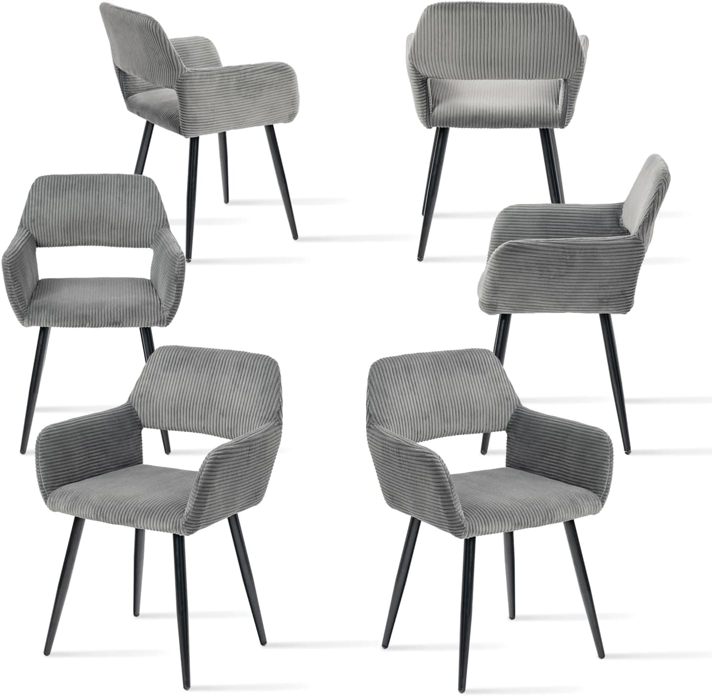 MEUBLE COSY Conjunto de 6 cadeiras de sala de jantar escandinava poltrona estofada em veludo com apoio de braços pernas metal para cozinha sala de estar quarto escritório, cinzento