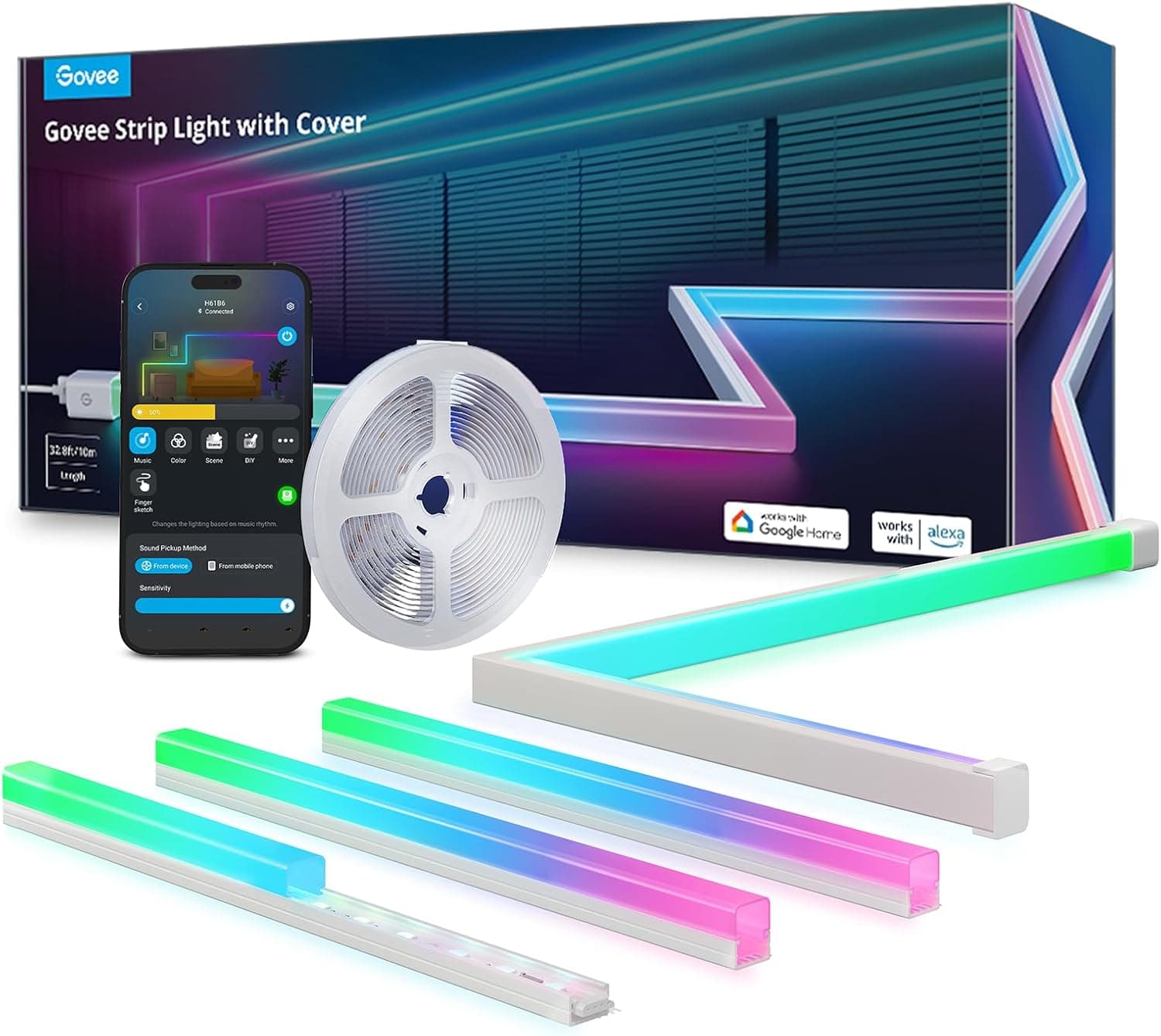 Govee Tiras de LED RGBIC com capas, 10 m perfil LED inteligentes funcionam com Alexa e assistente do Google, controlo inteligente segmentado, canal com luzes para quarto, tomada, armário
