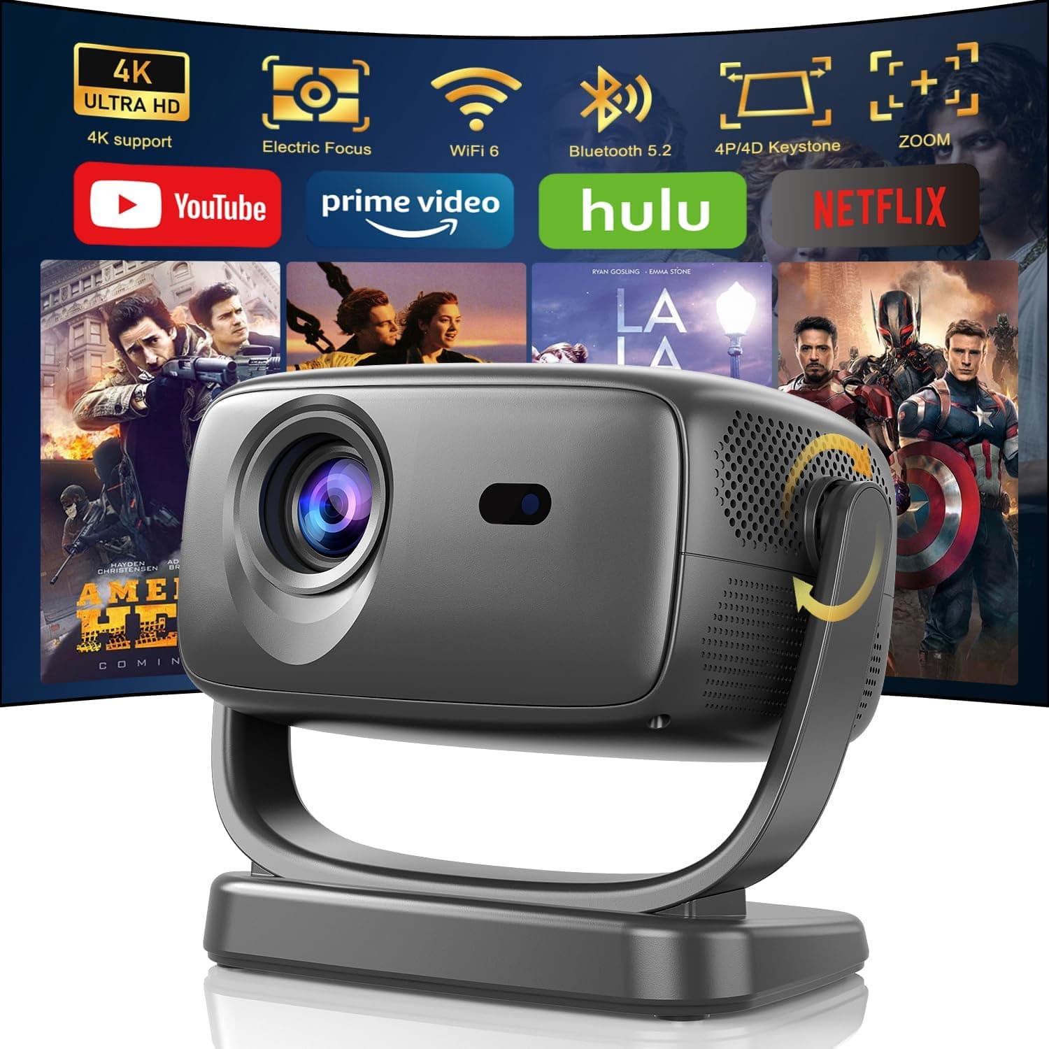 Projetor 4K, projetor portátil de 180° de rotação com Android TV, 26000 Lúmens projetor de cinema suporte zoom elétrico foco Keystone WiFi e Bluetooth, projetor portátil nativo 1080P com cabo HDMI 